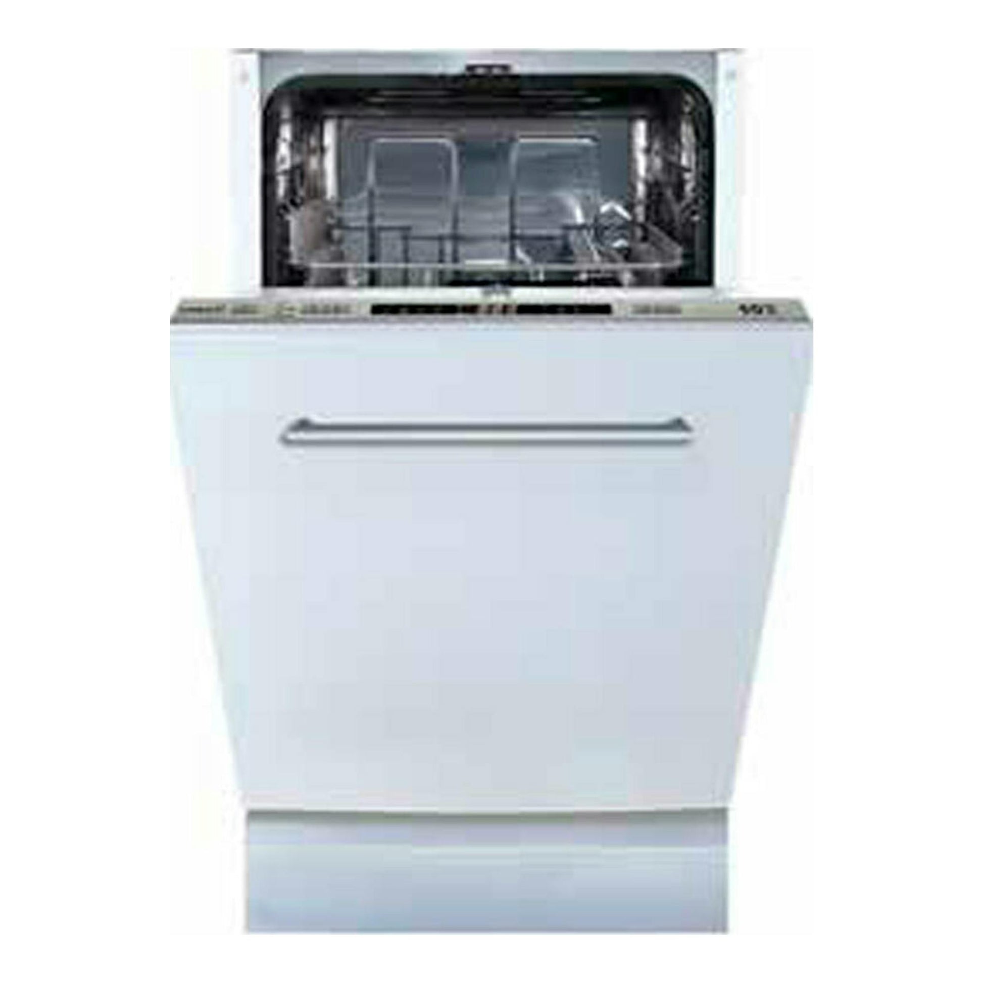 Lavavajillas integrable Cata LVI 47010 blanco, vista frontal con la puerta abierta.