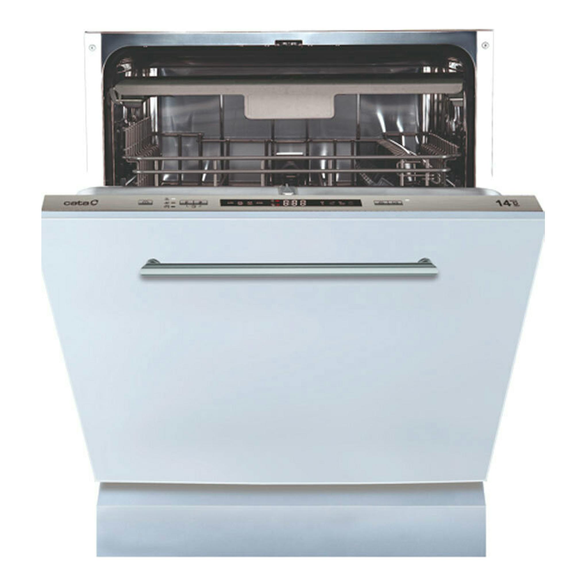 Lavavajillas integrable Cata LVI 62014, vista frontal con puerta abierta y panel blanco.