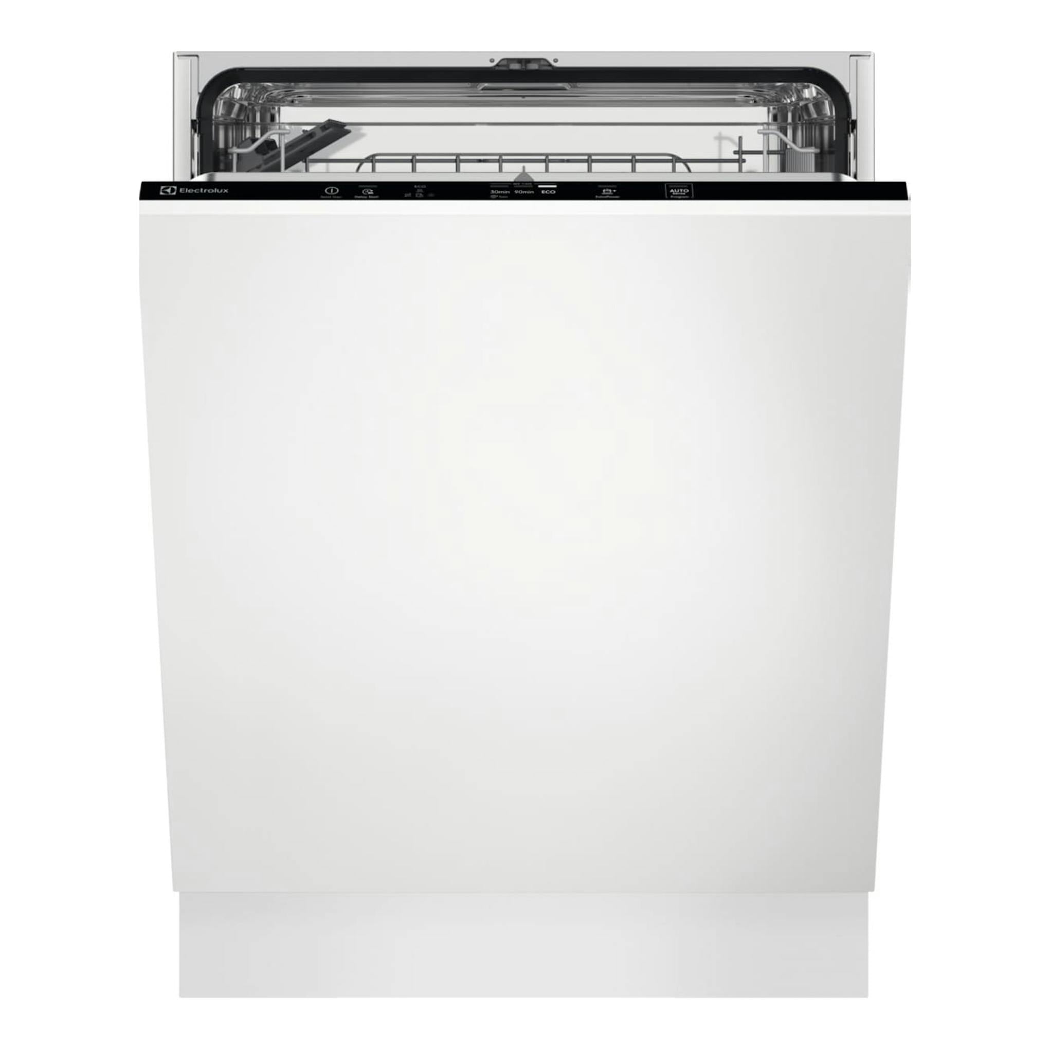 Lavavajillas integrable Electrolux EEA27205L blanco, vista frontal con puerta abierta y panel de control negro.