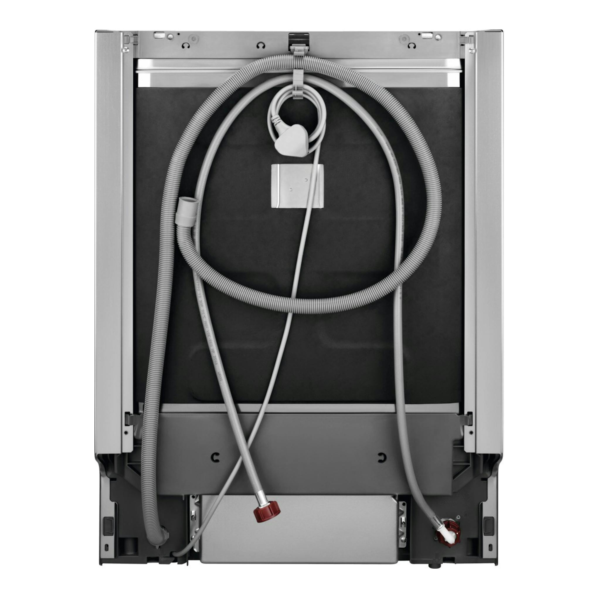 Lavavajillas integrable Electrolux EEA27205L, vista trasera, con mangueras y cables, en gris.
