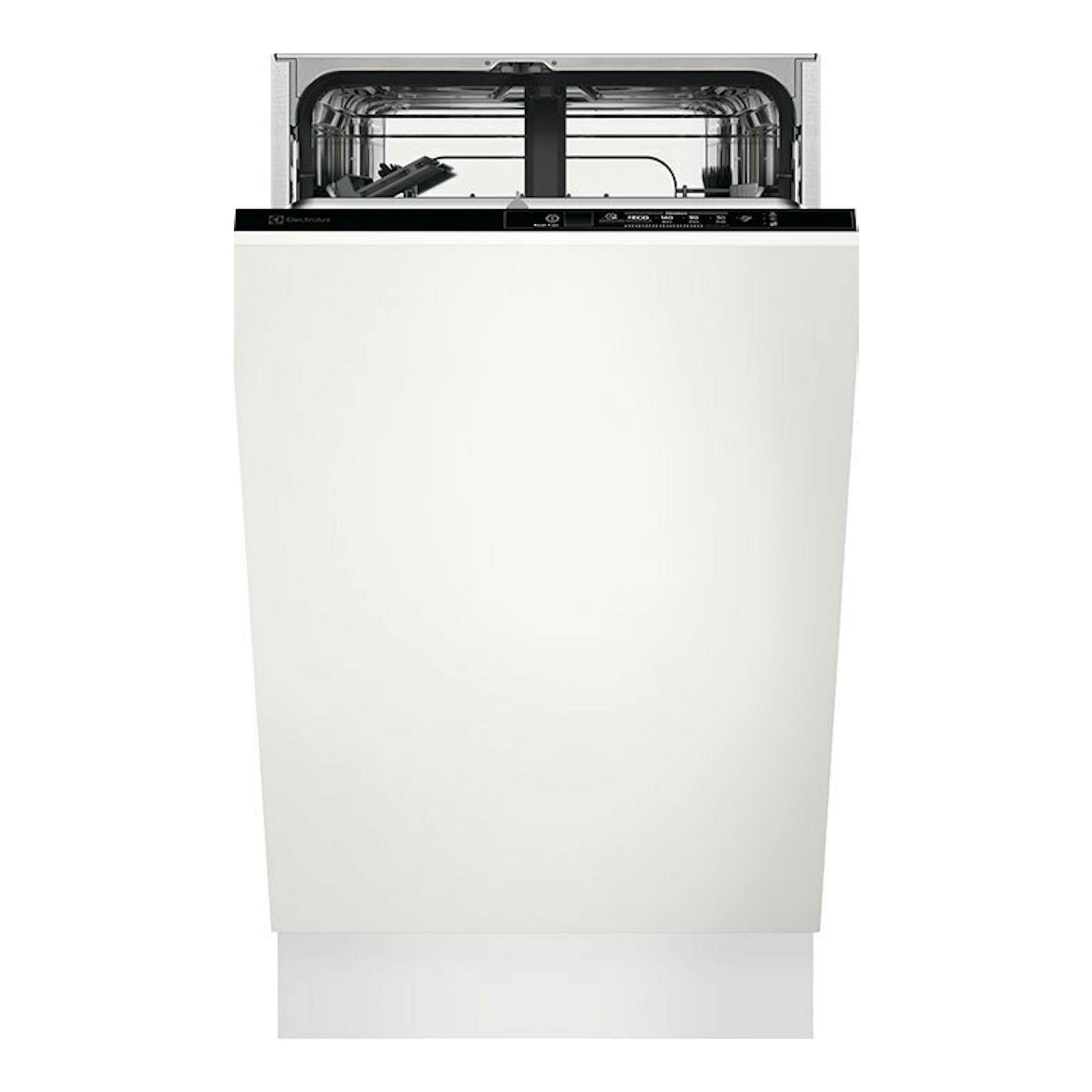 Lavavajillas integrable Electrolux EEA71210L blanco, vista frontal con puerta abierta e interior visible.