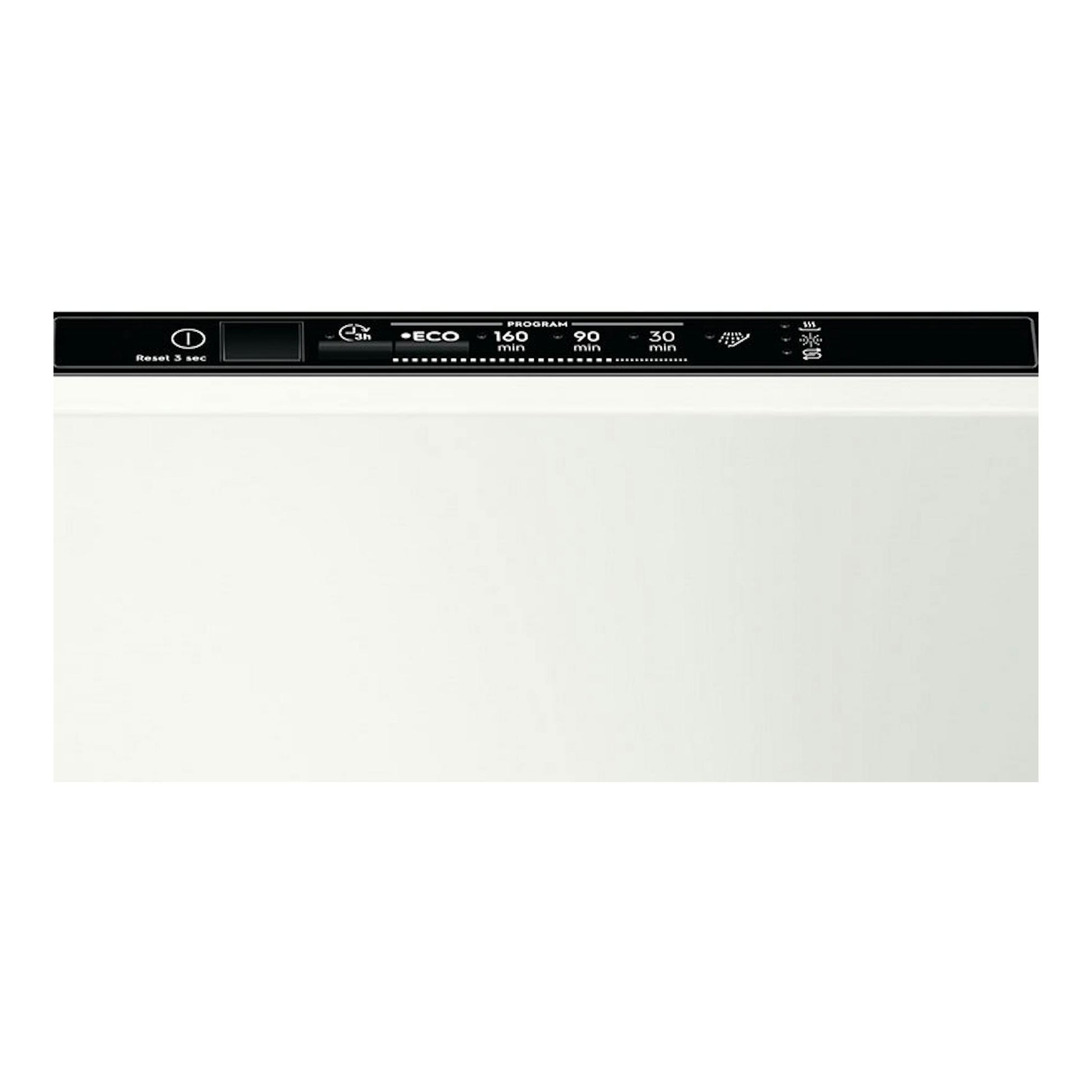 Lavavajillas integrable Electrolux EEA71210L, vista frontal, panel negro sobre puerta blanca.