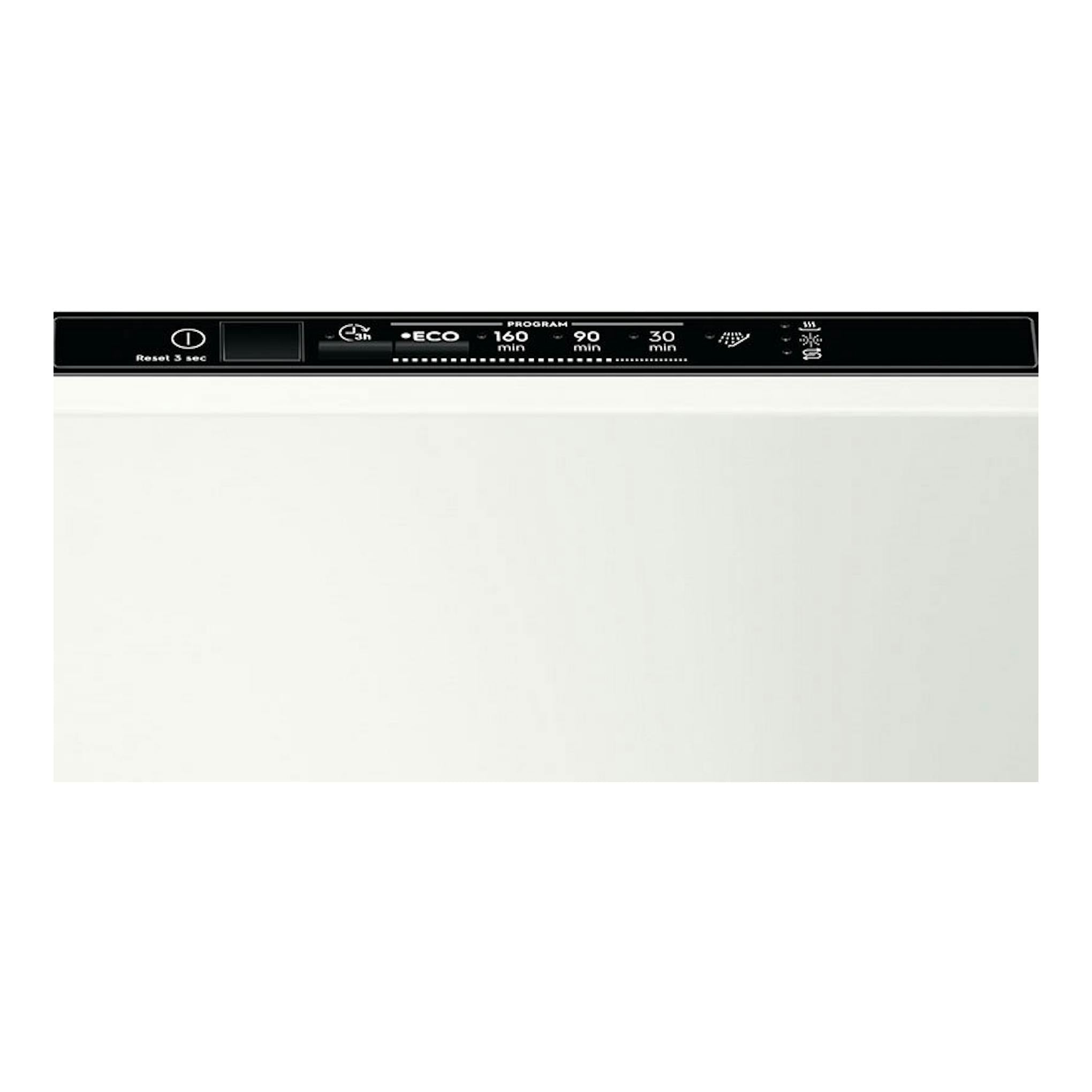 Lavavajillas integrable Electrolux EEA71210L, vista frontal, panel negro sobre puerta blanca.