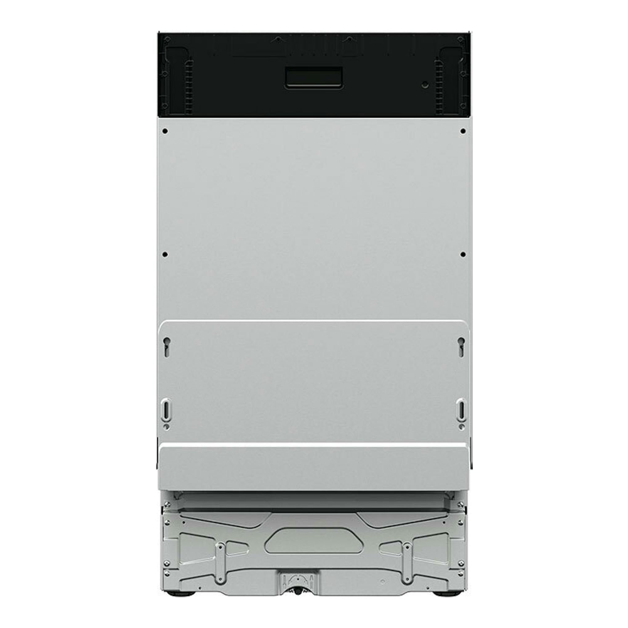 Lavavajillas integrable Electrolux EEA71210L, vista trasera, paneles gris plata y negro.