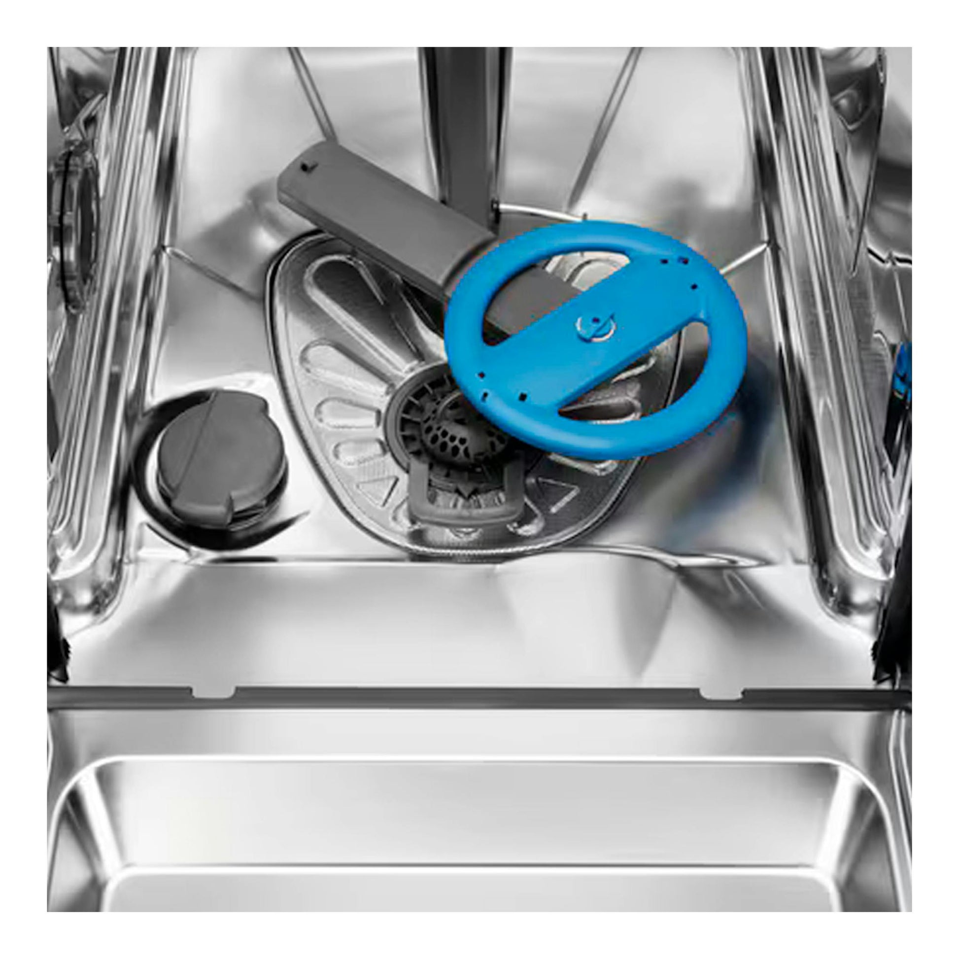 Vista interior de lavavajillas integrable Electrolux EEG62310L, cubeta de acero inoxidable y pieza azul.