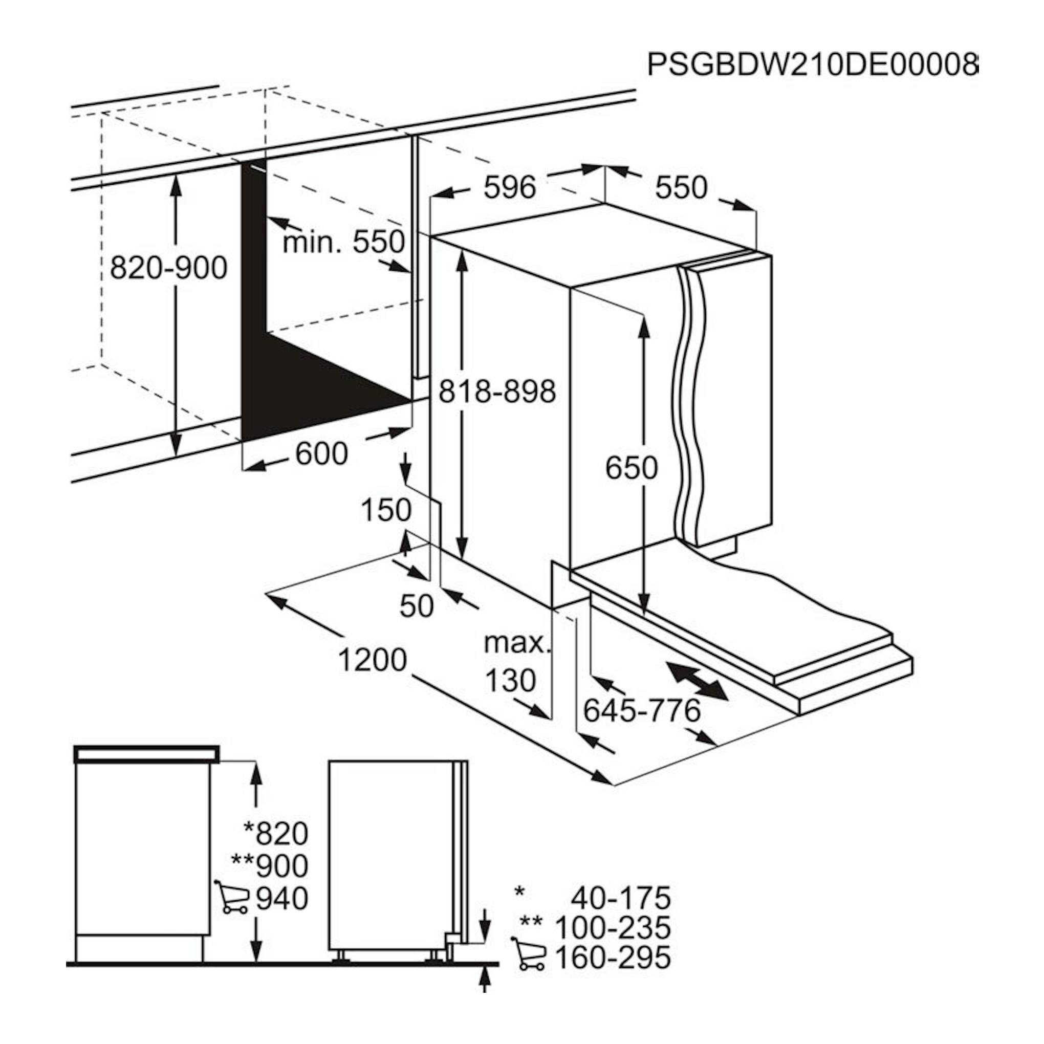 Diagrama técnico en blanco y negro de lavavajillas integrable Electrolux EES47400L de 60 cm, con medidas.