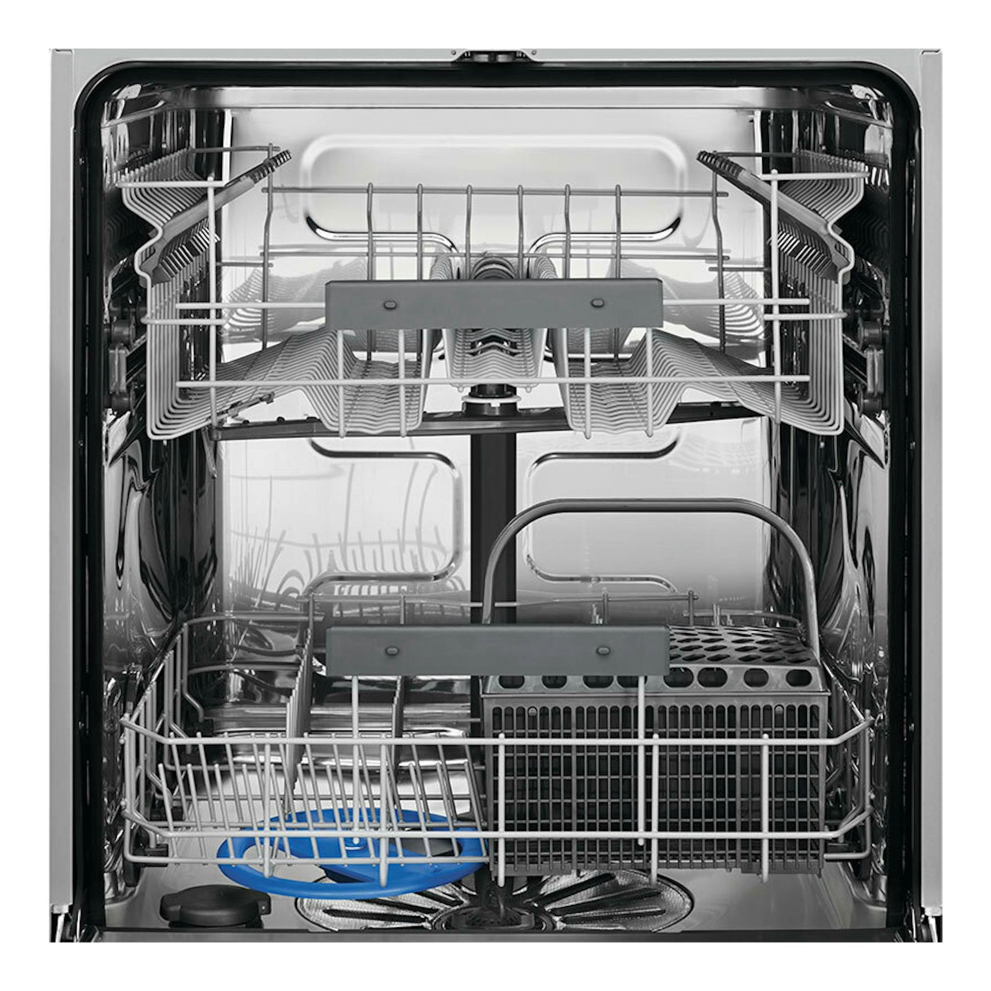 Lavavajillas integrable Electrolux EES47400L, vista frontal interior abierto con cestas metálicas.