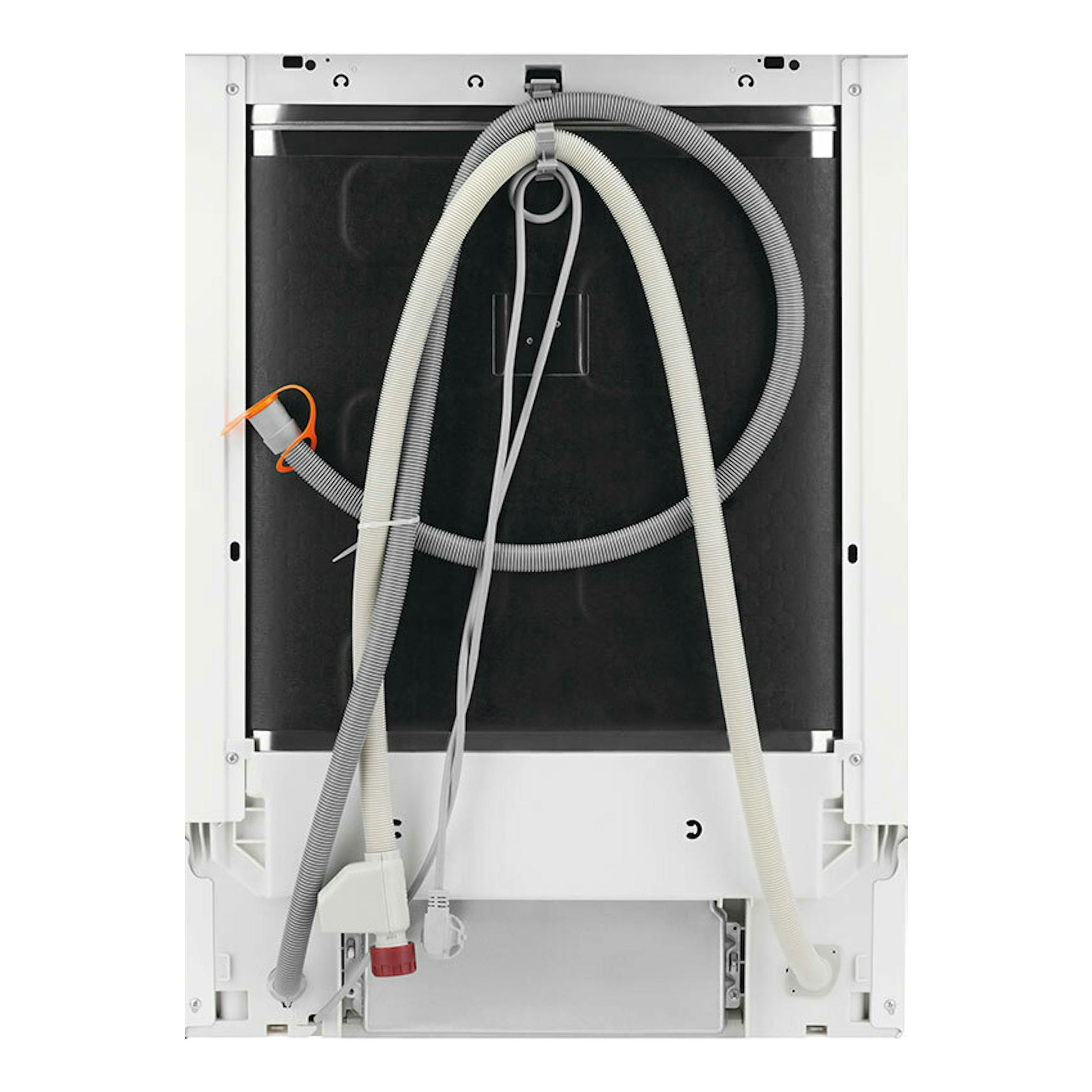 Electrolux EES47400L, lavavajillas integrable en vista trasera, con mangueras y cables visibles.