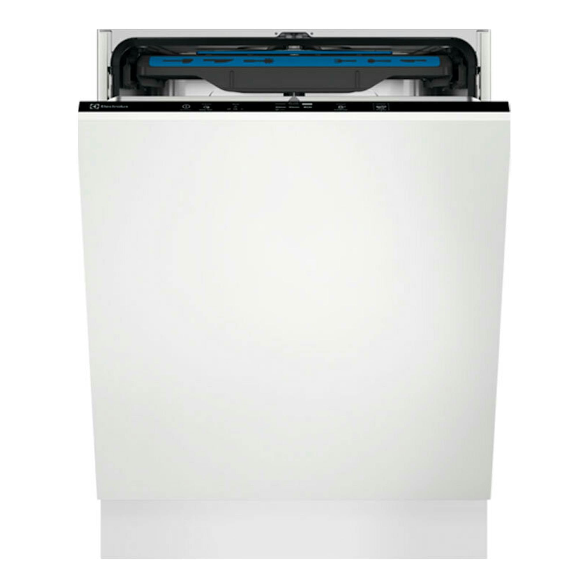 Lavavajillas integrable Electrolux LSV48400L, vista frontal, puerta blanca abierta y panel superior negro.
