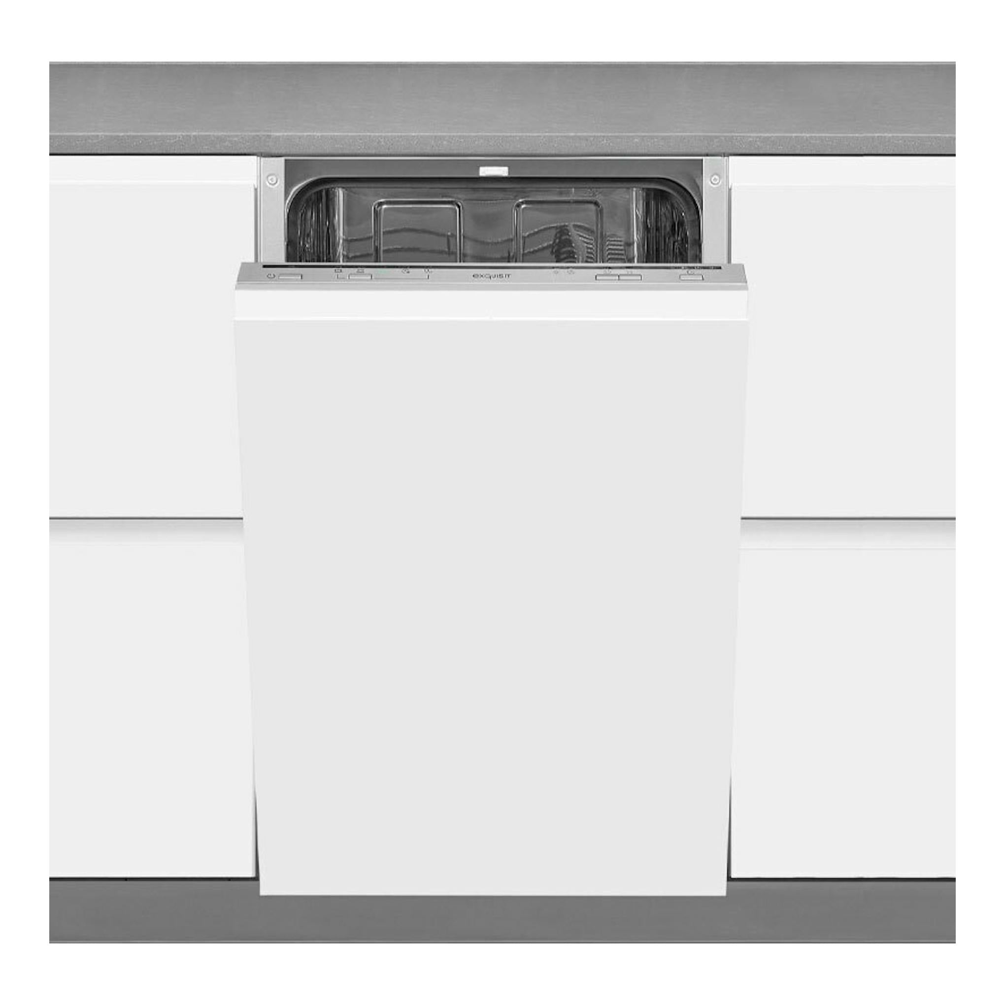 Lavavajillas integrable Exquisit EGSP1009-E-030E, vista frontal, blanco, con panel superior visible en cocina.