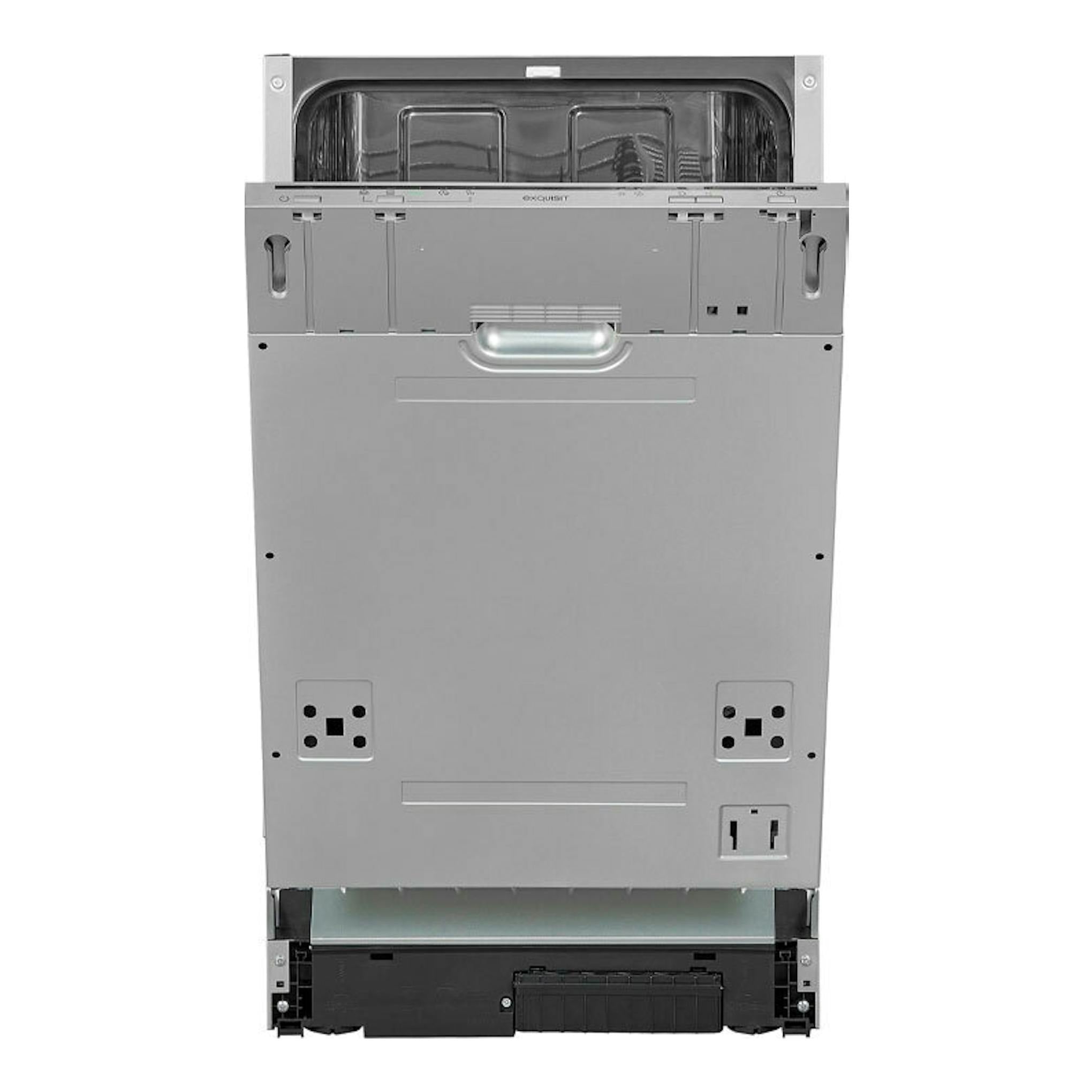 Lavavajillas integrable Exquisit EGSP1009-E-030E, vista trasera, panel gris metálico.