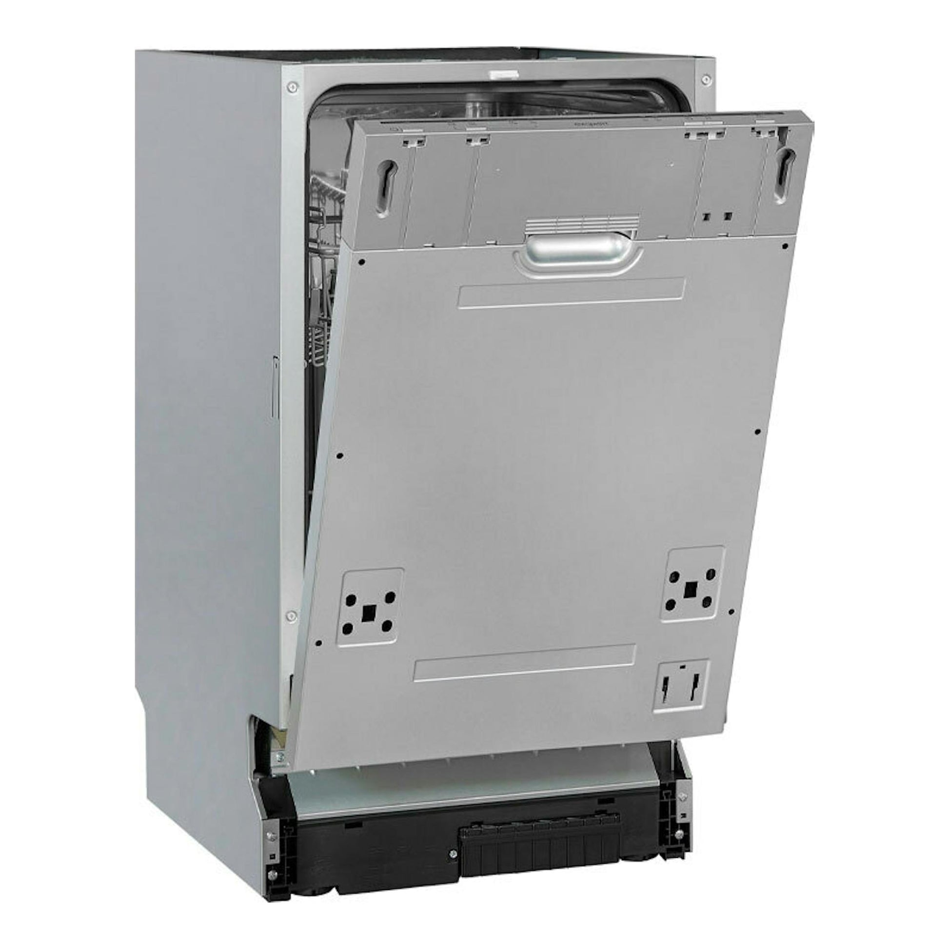Lavavajillas integrable Exquisit EGSP1009-E-030E de 45 cm, vista frontal en color gris, con la puerta abierta.