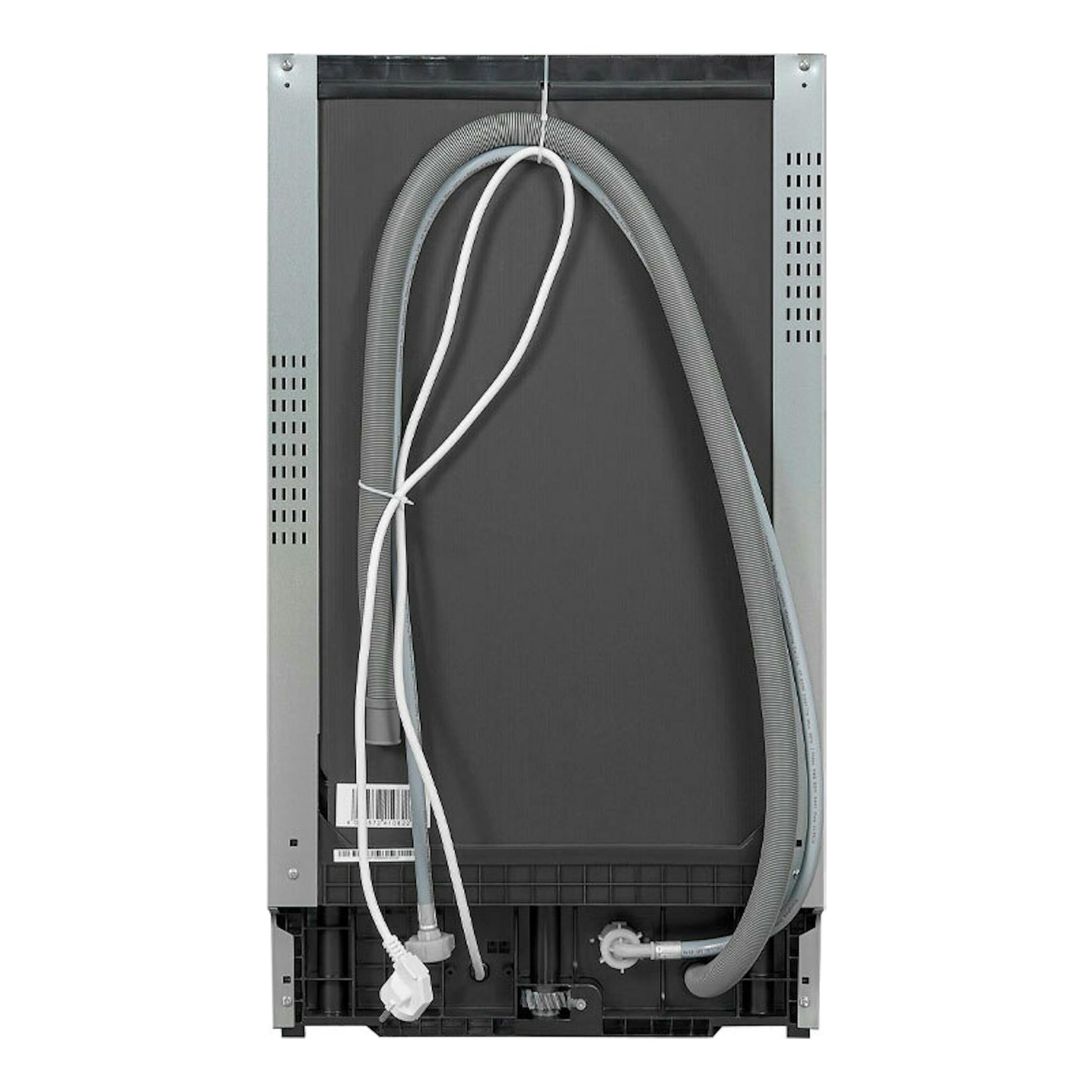 Lavavajillas integrable Exquisit EGSP1009-E-030E, vista trasera, con mangueras y cables visibles.