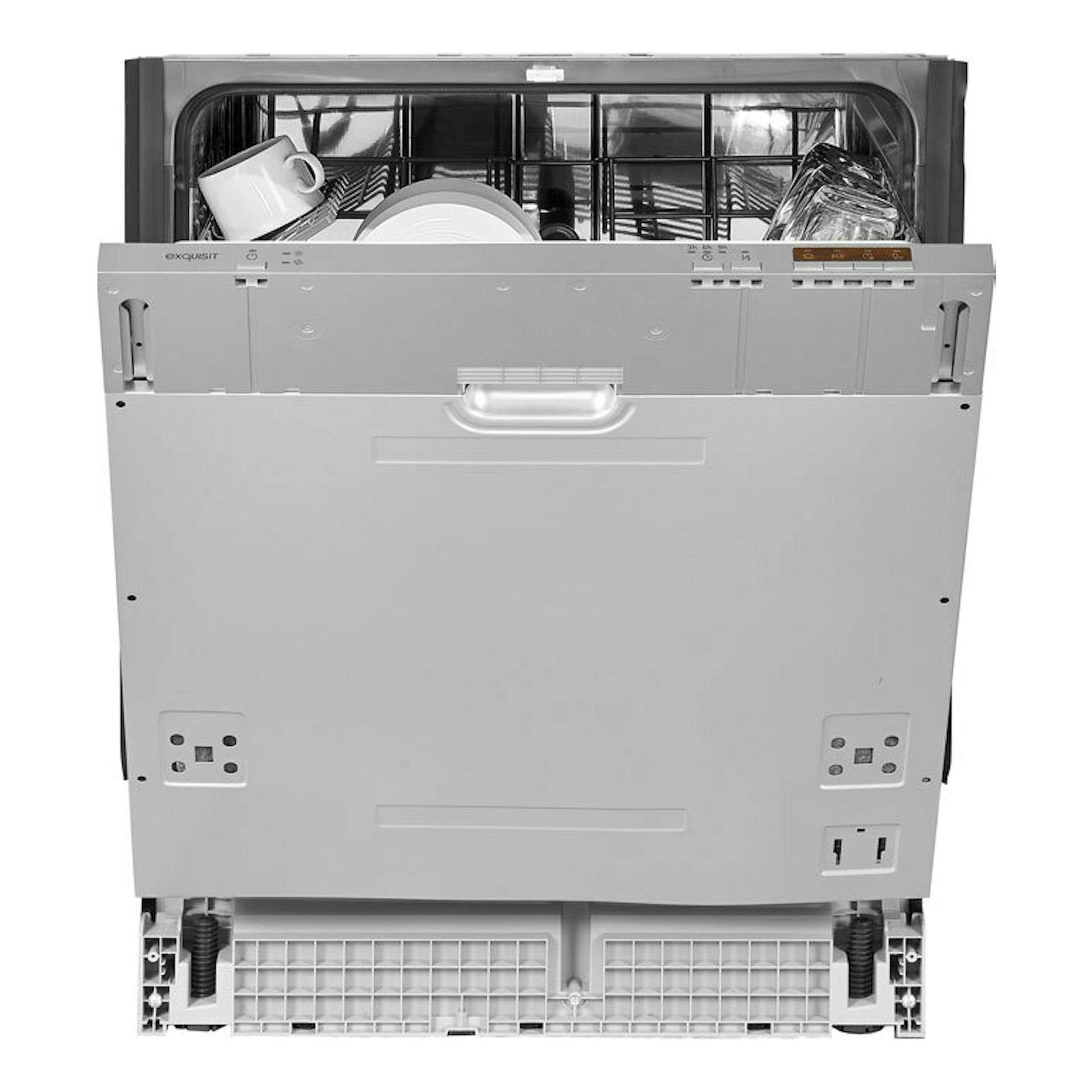 Lavavajillas integrable Exquisit EGSP6012-E-030E de 60 cm, vista frontal, panel gris con puerta abierta.