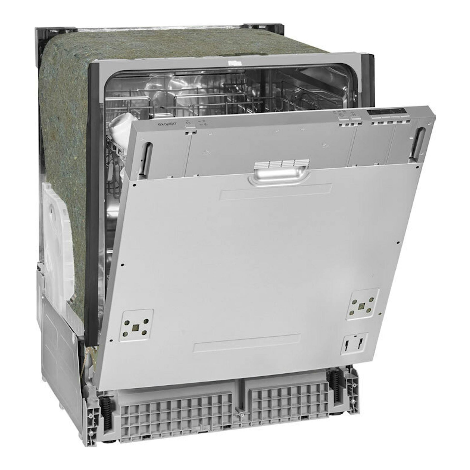 Lavavajillas integrable Exquisit EGSP6012-E-030E, vista trasera 3/4, gris, con panel frontal abatido.