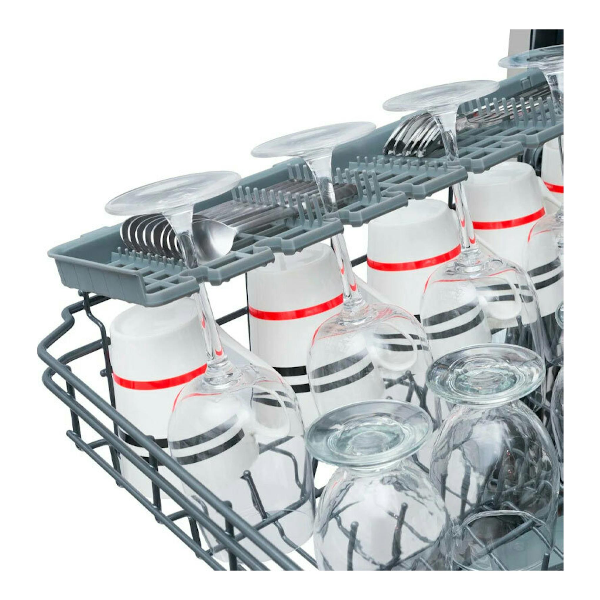 Lavavajillas integrable Fagor 4LVF422IT, cesta interior con copas, vasos y tazas en vista frontal.
