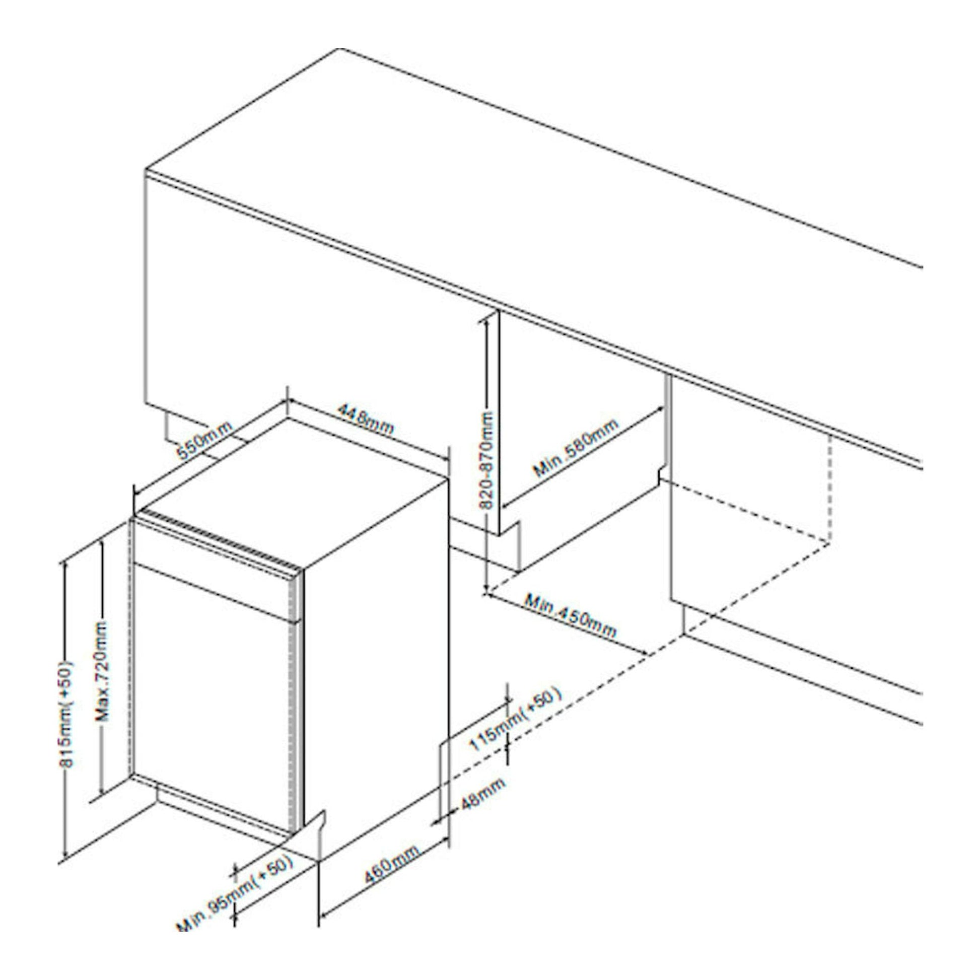 Esquema técnico del lavavajillas integrable Fagor 4LVF424IT en vista isométrica, blanco, con medidas.