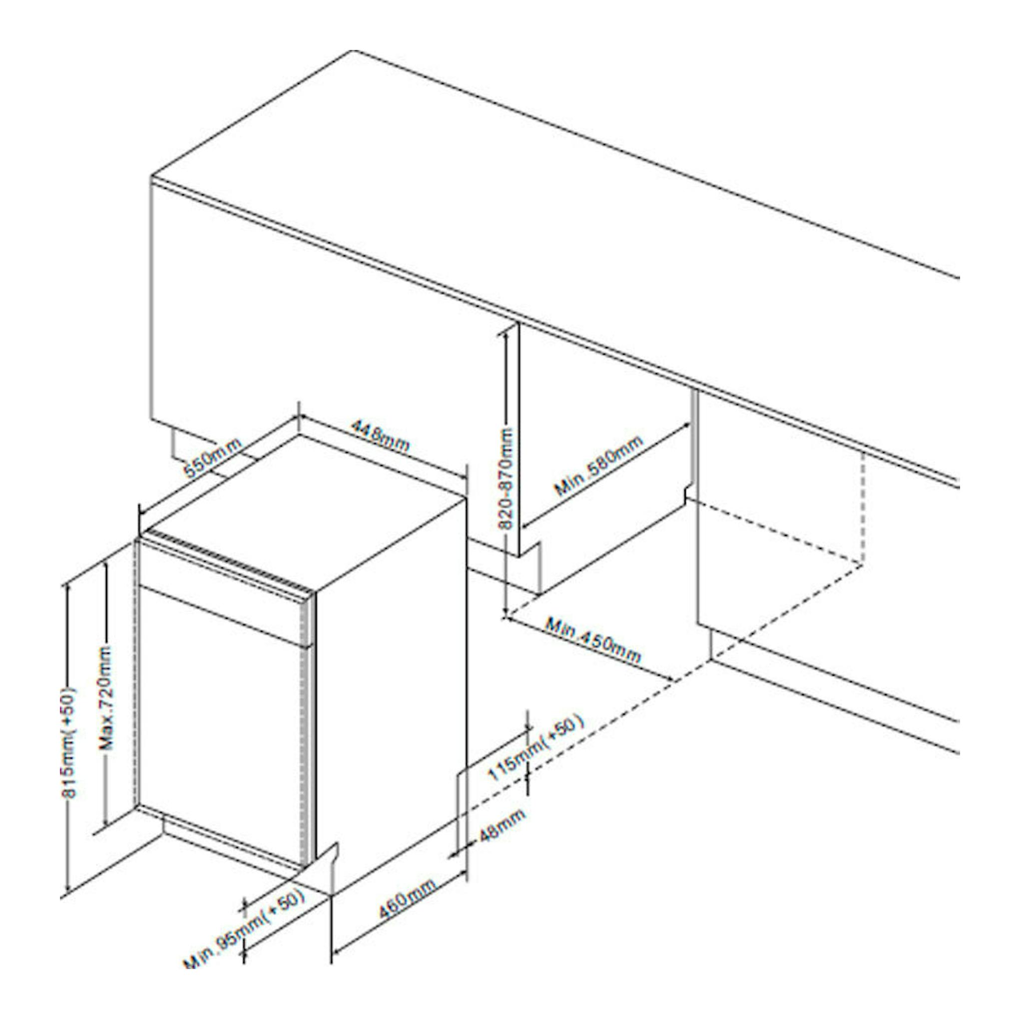 Esquema de instalación de lavavajillas integrable Fagor 4LVF438ADIT, vista isométrica con medidas en mm.