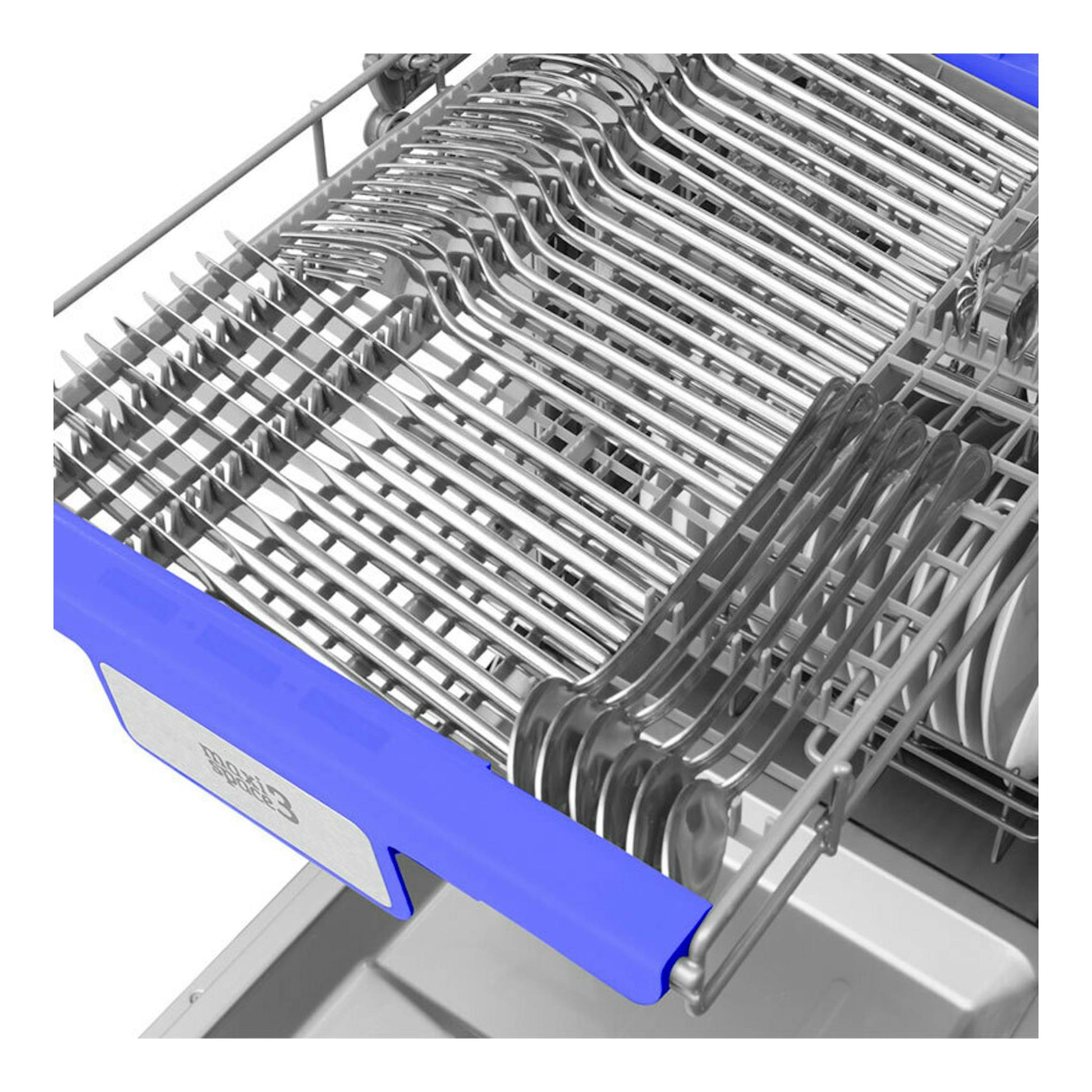 Cesta interior de lavavajillas integrable Fagor 4LVF438ADIT, vista en primer plano con rejilla metálica y panel azul.
