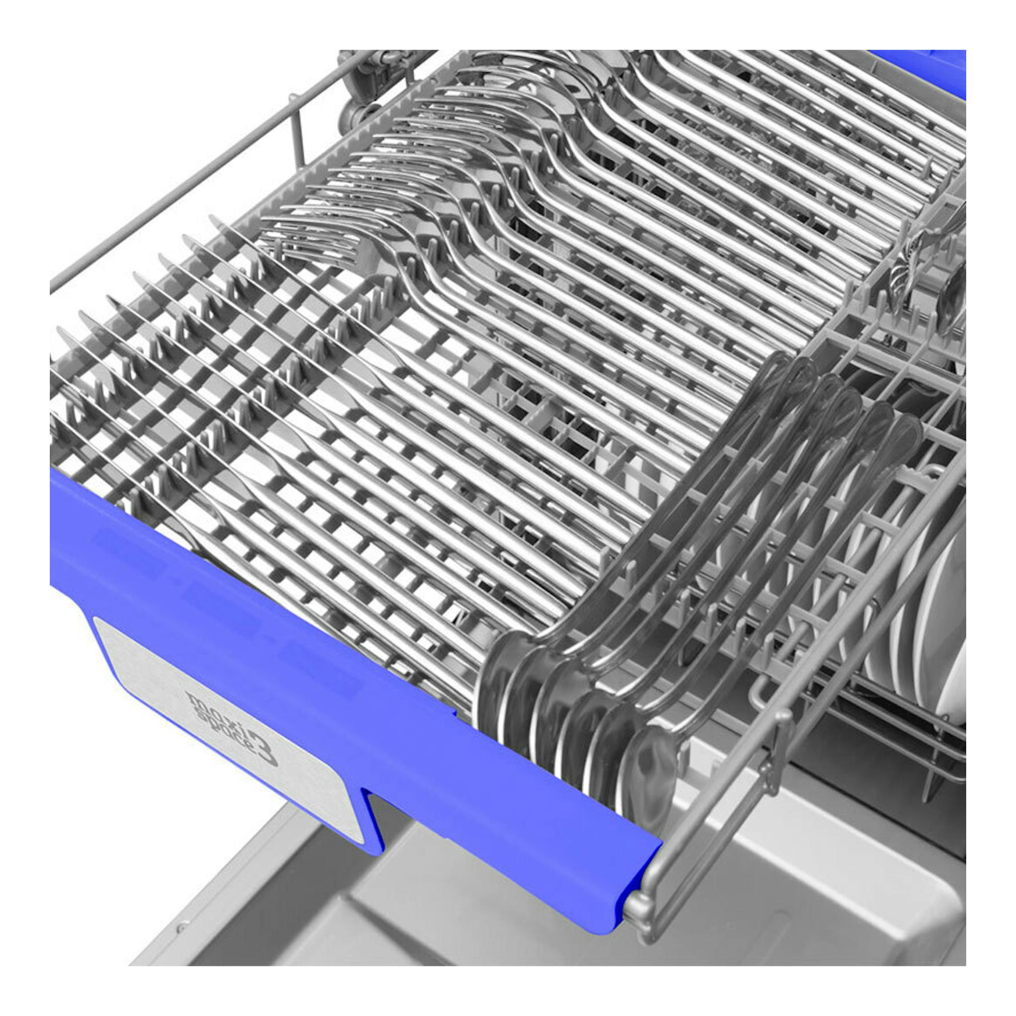 Cesta interior de lavavajillas integrable Fagor 4LVF438ADIT, vista en primer plano con rejilla metálica y panel azul.
