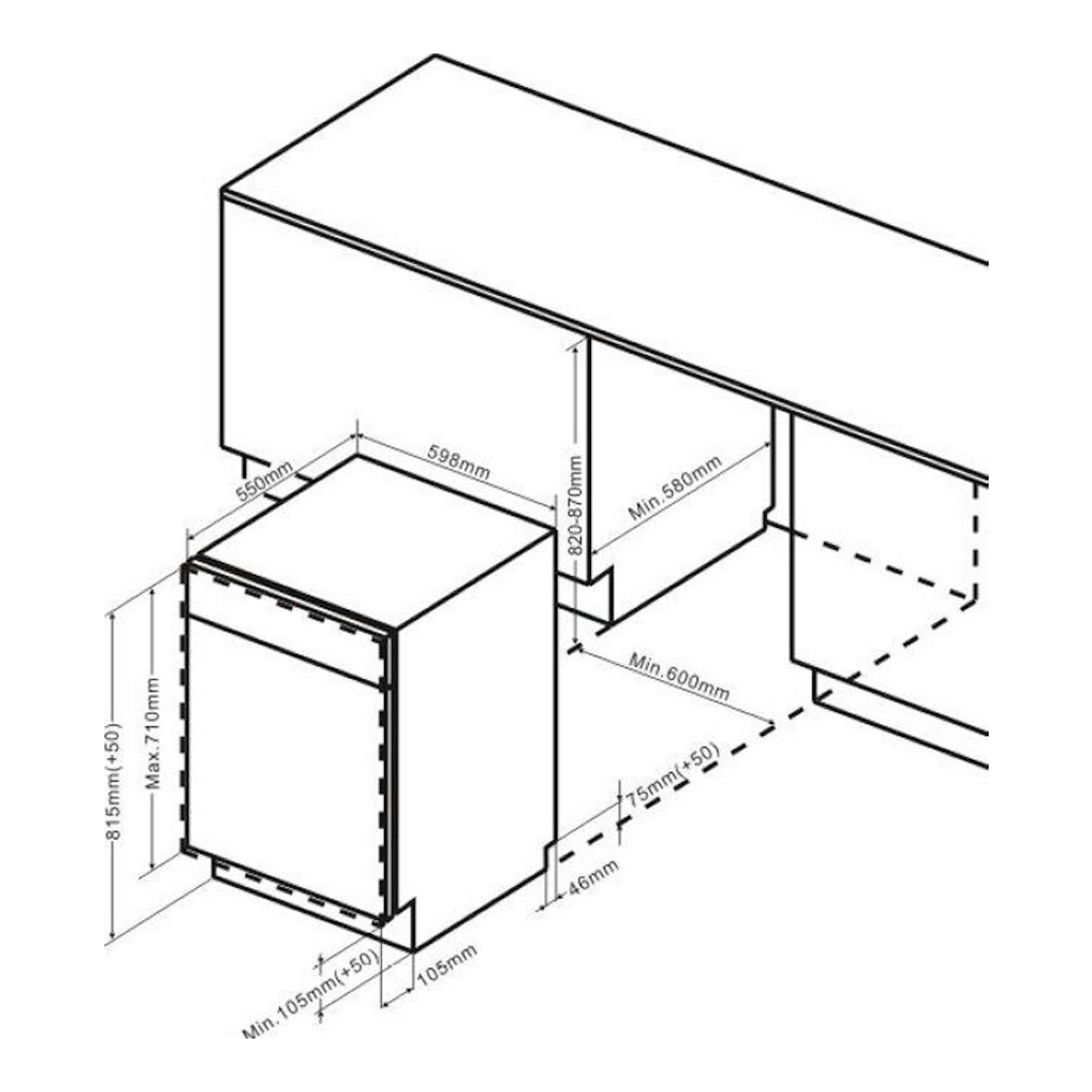 Diagrama técnico en blanco y negro del lavavajillas integrable Fagor 4LVF622IT bajo encimera, vista isométrica.