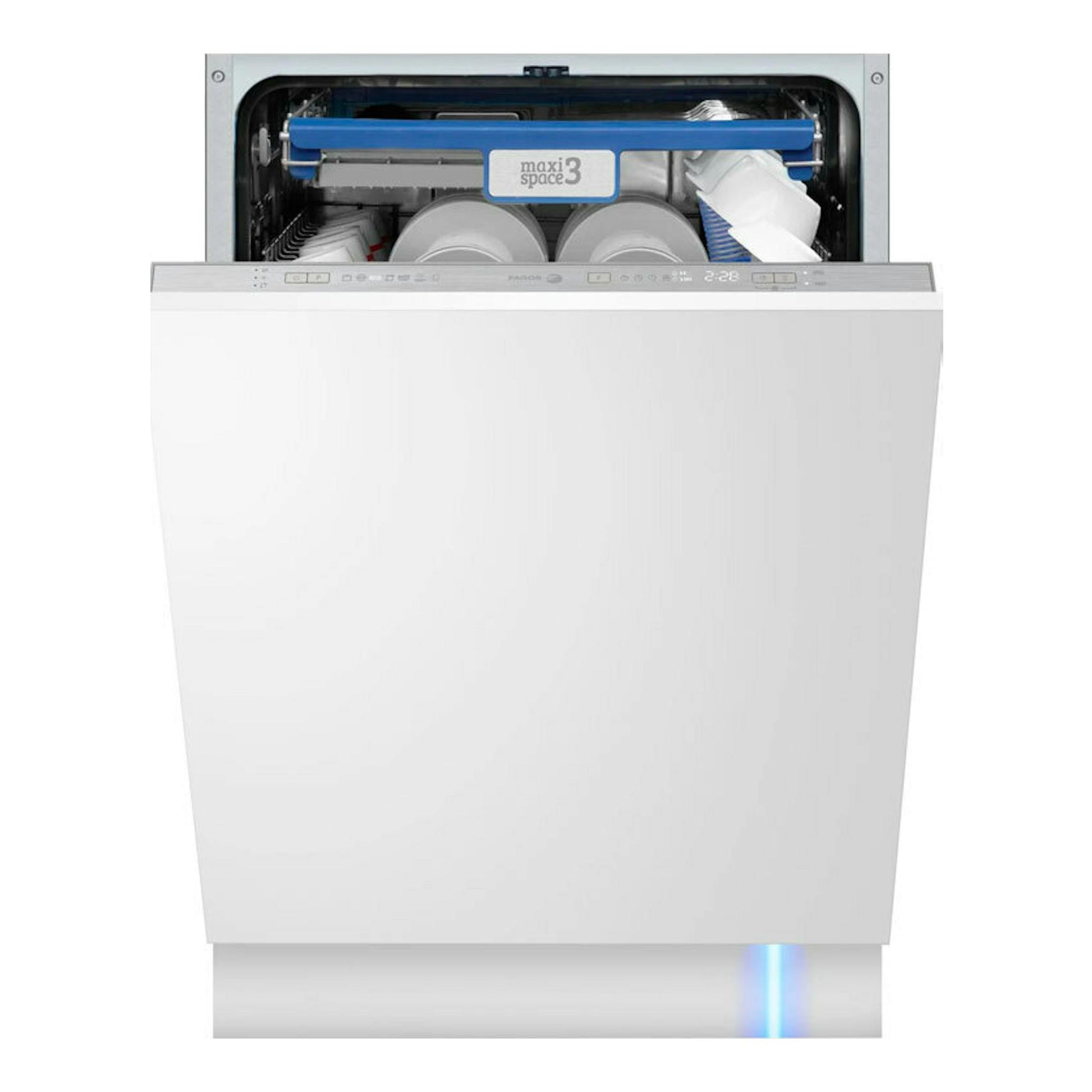 Lavavajillas integrable Fagor 4LVF635ADIT abierto, vista frontal, panel blanco e interior con vajilla.