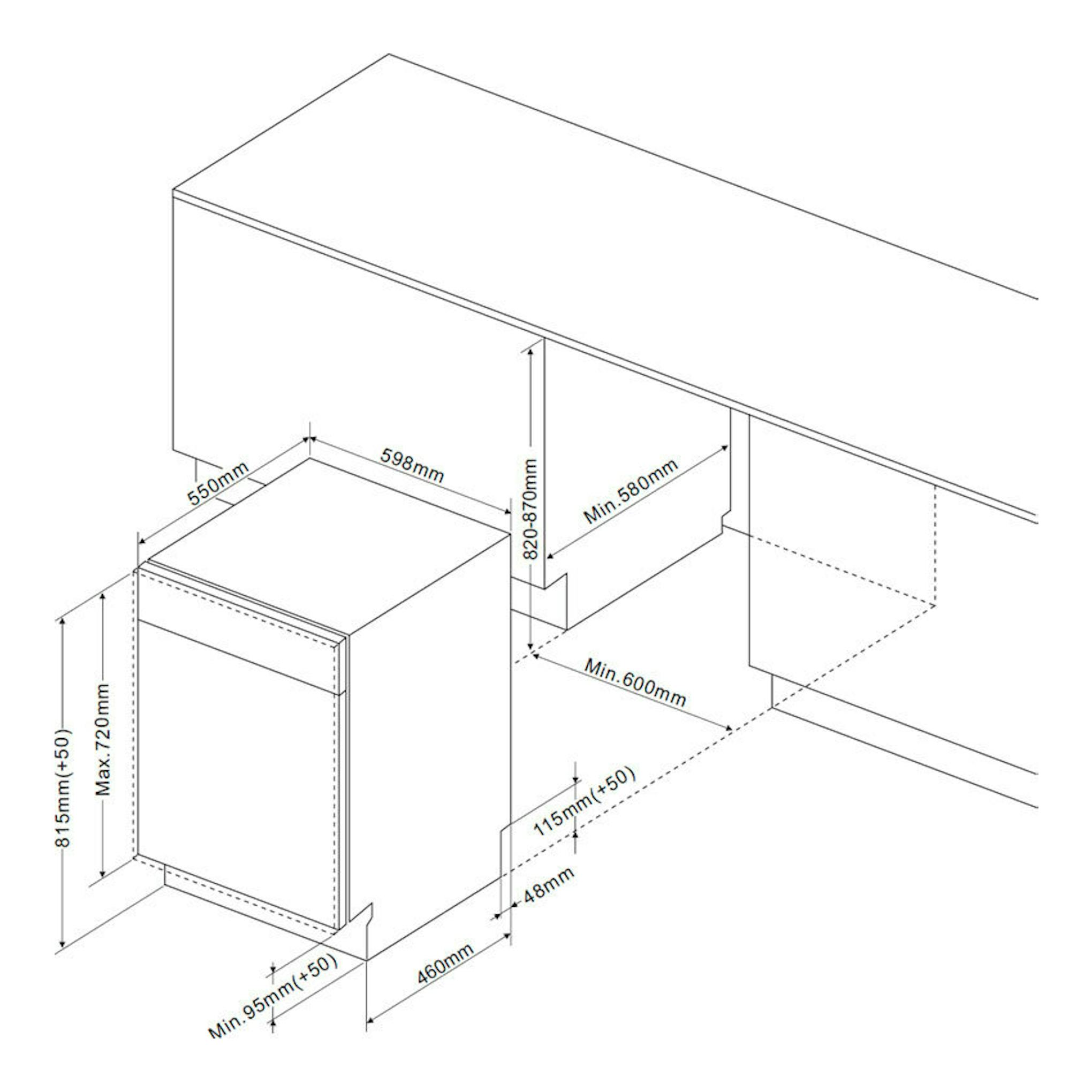 Diagrama de instalación del lavavajillas integrable Fagor 4LVF635ADIT en vista isométrica, con medidas.