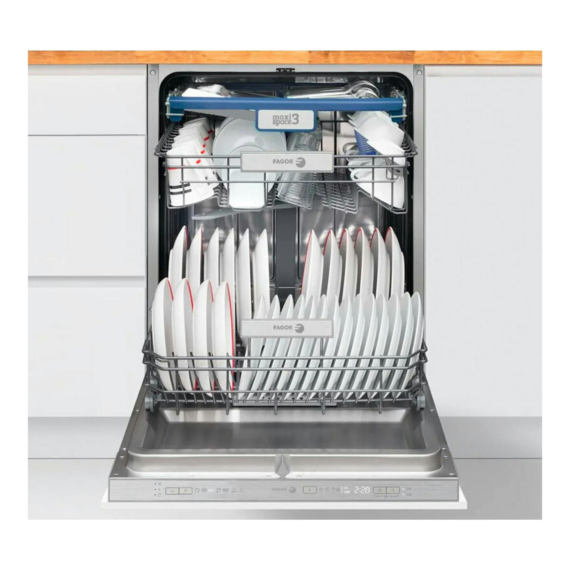 Lavavajillas integrable Fagor 4LVF635ADIT, vista frontal abierta, con cestos llenos de platos y frontal inox.