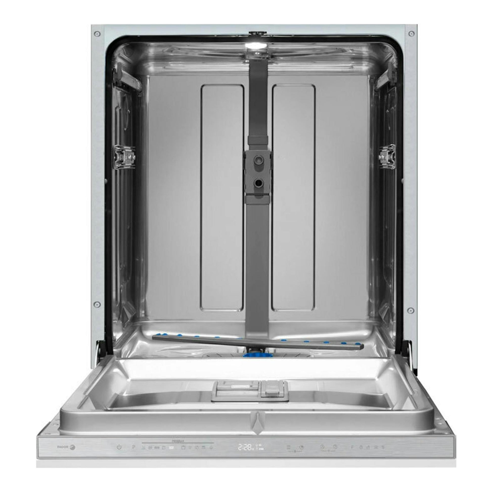 Lavavajillas integrable Fagor 4LVF637ADIT de acero inoxidable, abierto, vista frontal.