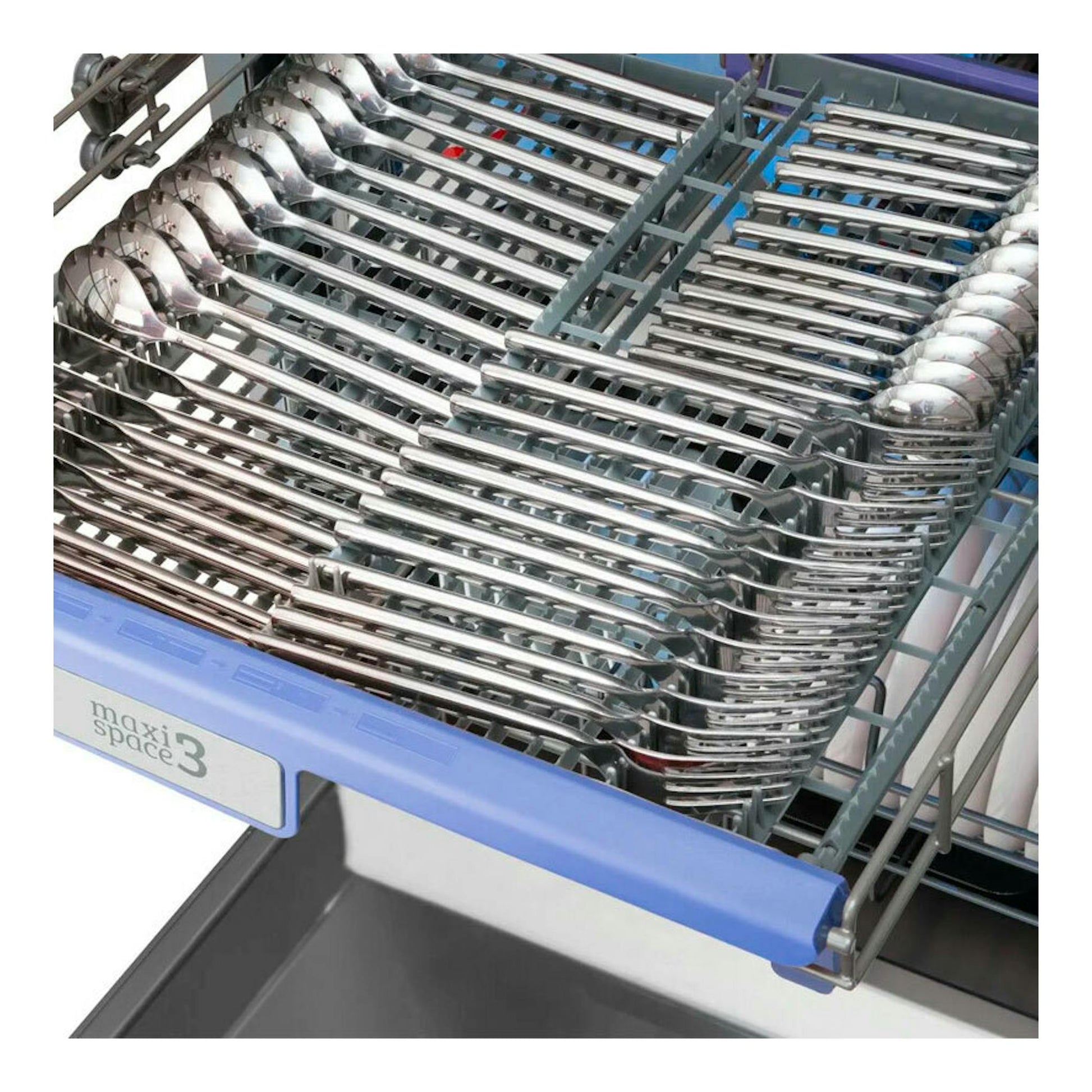 Lavavajillas integrable Fagor 4LVF637ADIT, vista frontal parcial, cesta con cubiertos y cucharas, acabado gris y azul.