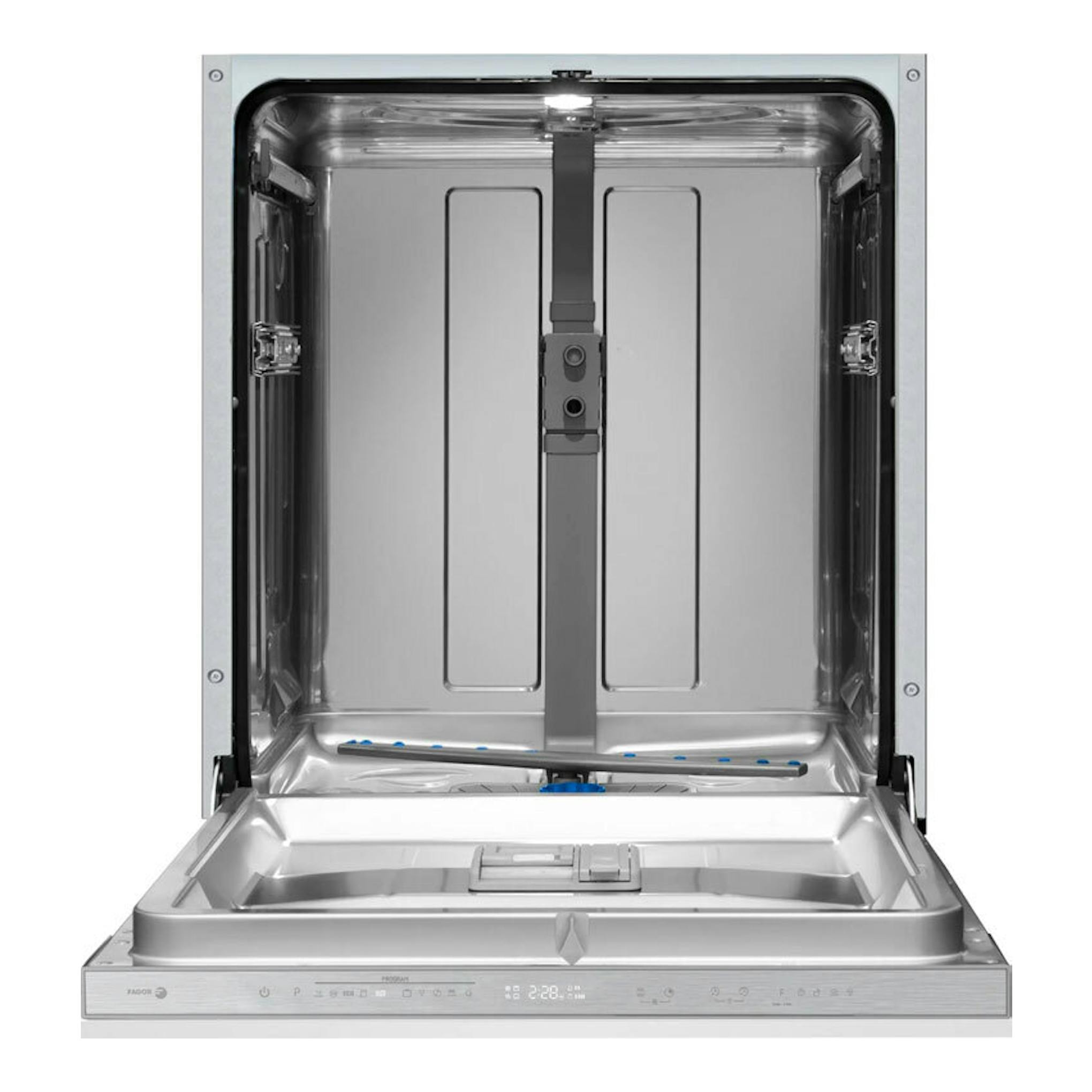 Lavavajillas integrable Fagor 4LVF638ADIT de 60 cm, vista frontal abierta, interior en acero inoxidable.