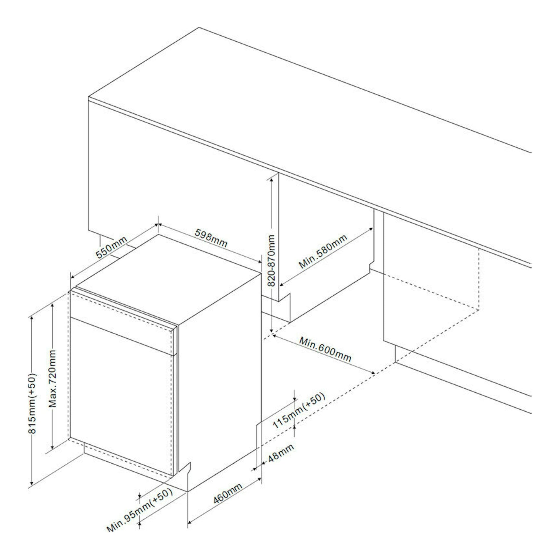 Lavavajillas integrable Fagor 4LVF638ADIT en esquema técnico, vista en perspectiva, con medidas de instalación.