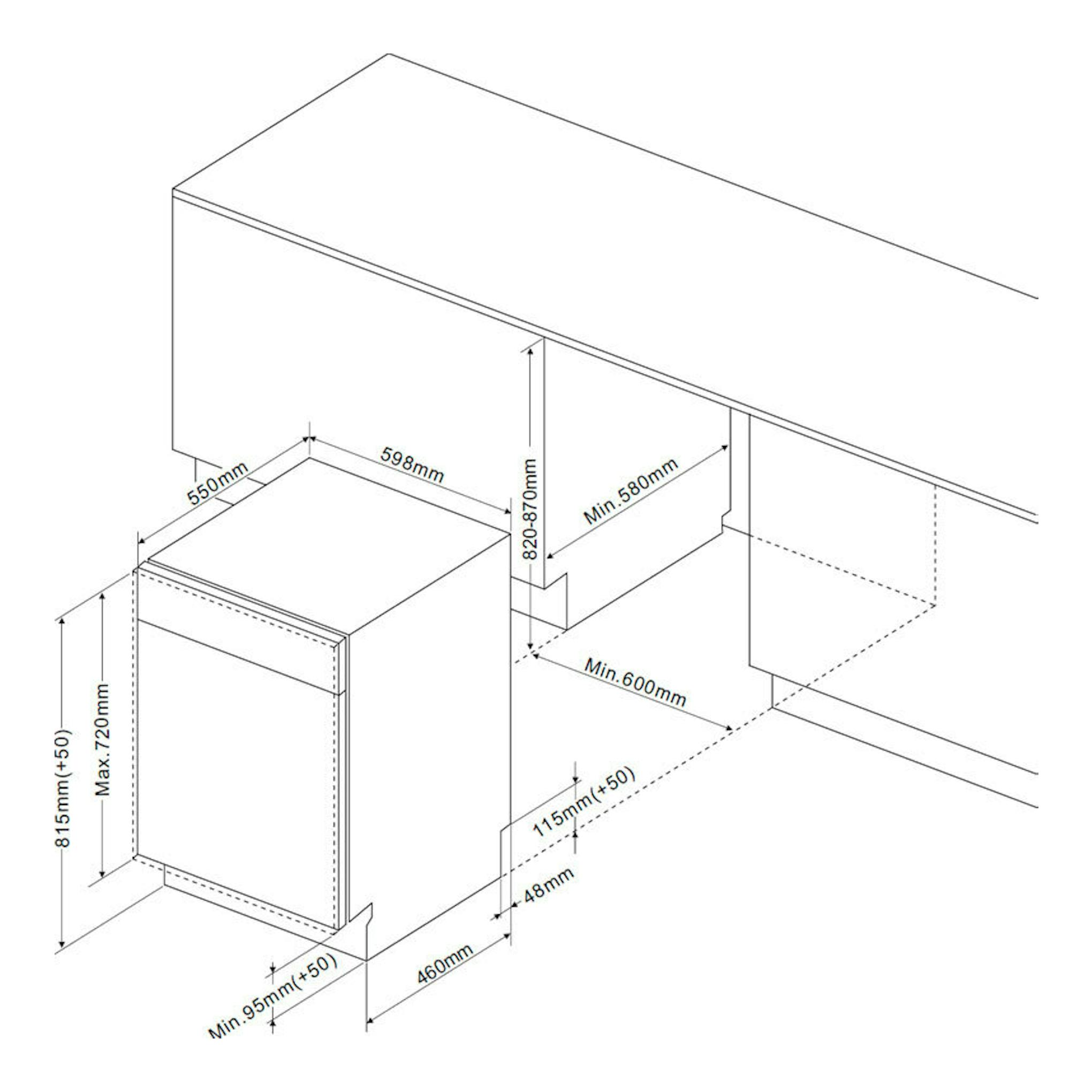 Lavavajillas integrable Fagor 4LVF638ADIT en esquema técnico, vista en perspectiva, con medidas de instalación.