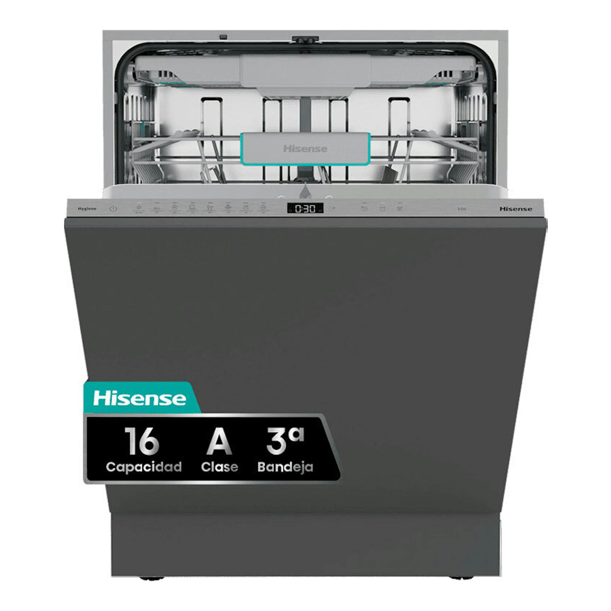 Lavavajillas integrable Hisense HV16A, vista frontal, puerta abierta, color gris oscuro, interior visible.