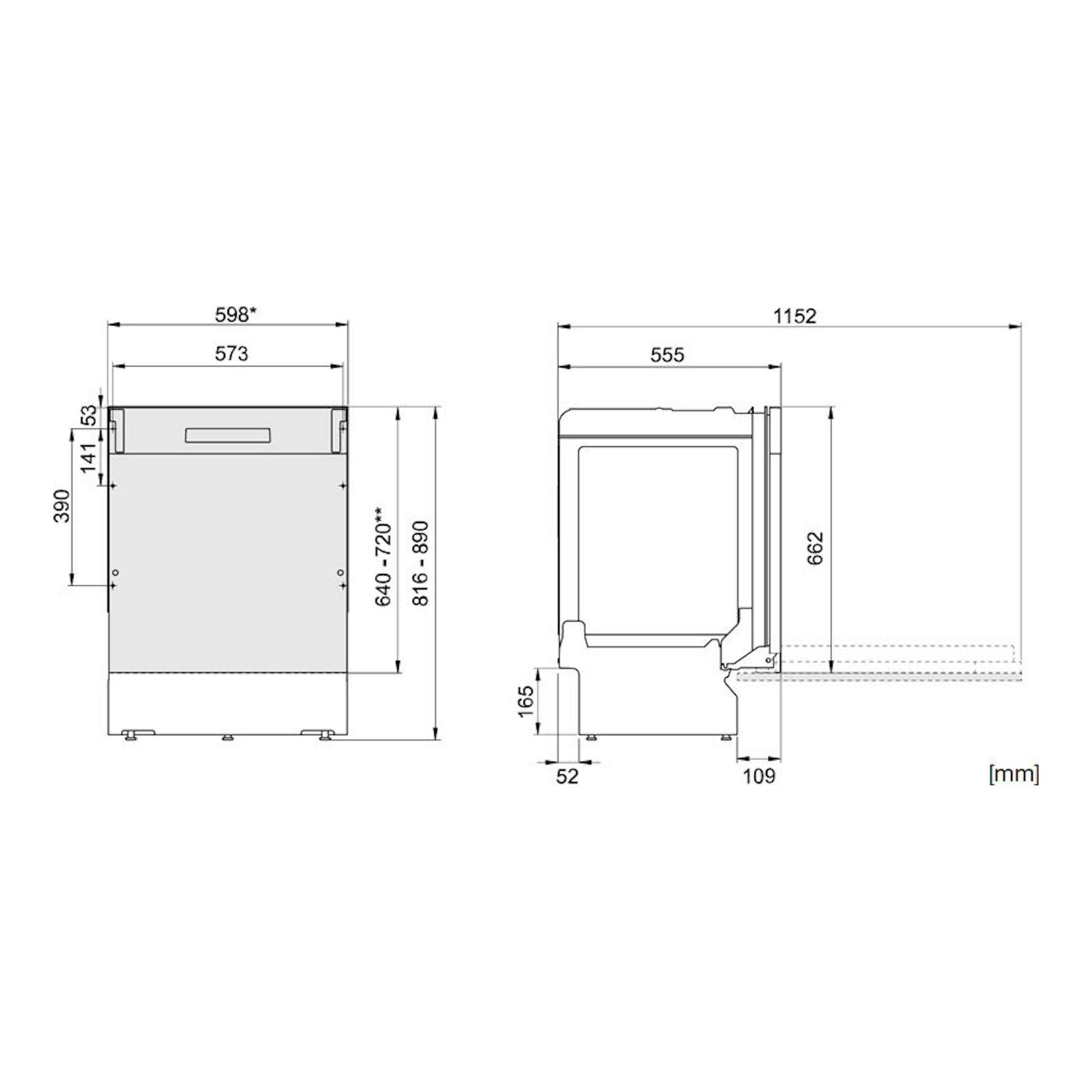 Lavavajillas integrable Hisense HV16A, dibujo técnico en vista frontal y lateral con medidas en mm.