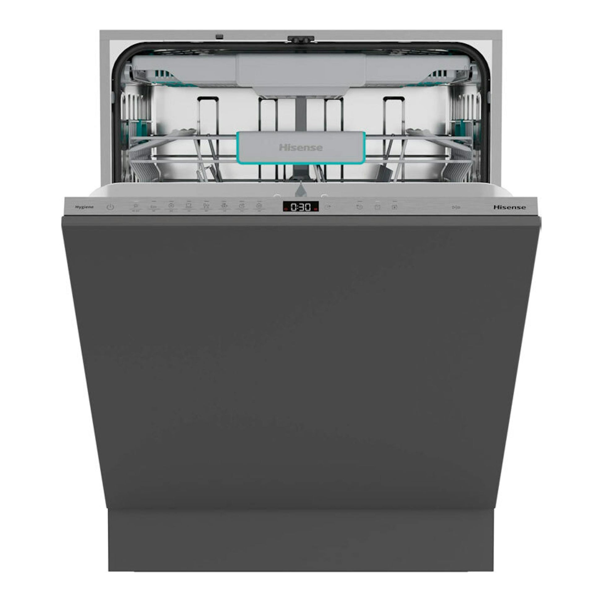 Lavavajillas integrable Hisense HV16A, vista frontal, puerta abierta, interior gris y negro.