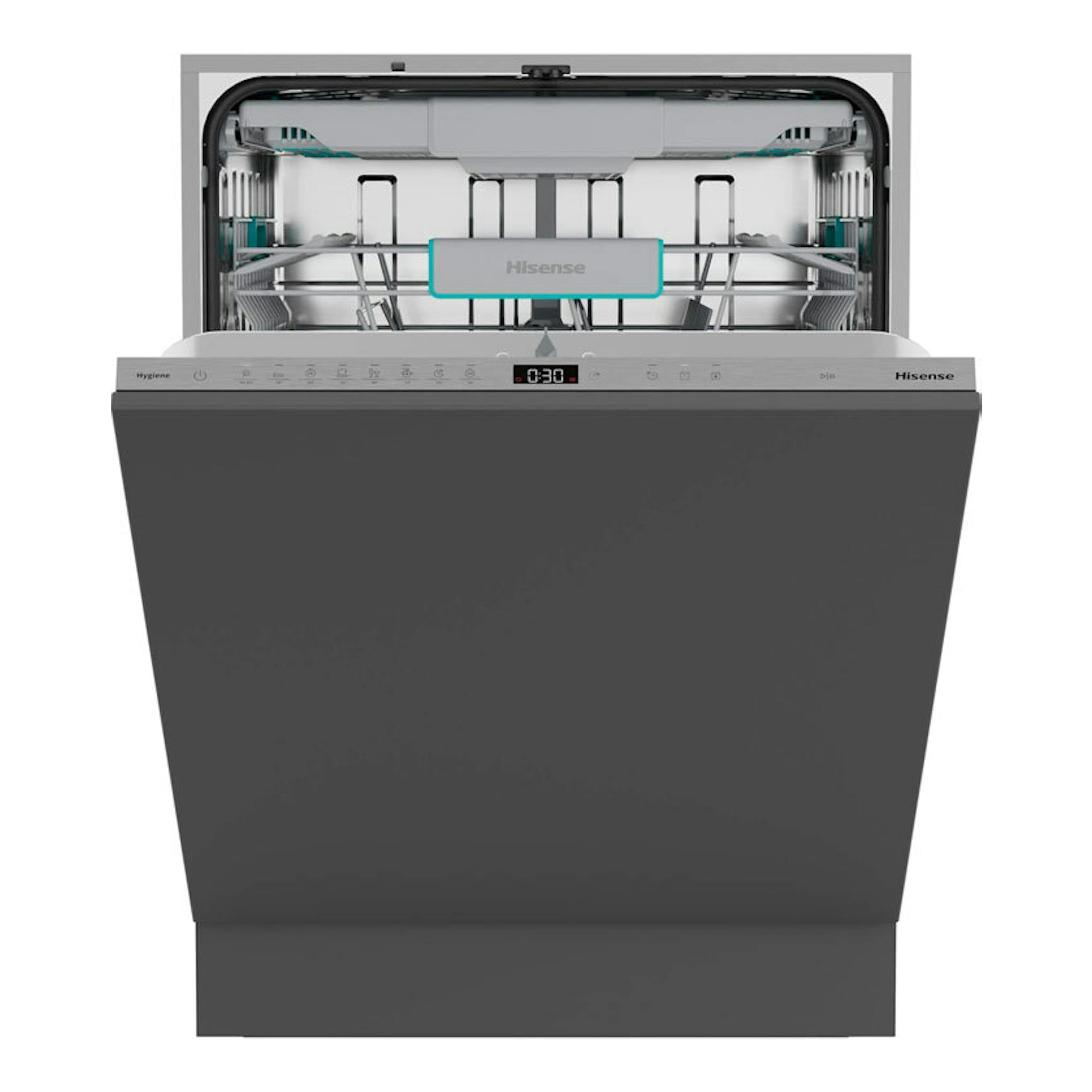Lavavajillas integrable Hisense HV16A, vista frontal, puerta abierta, interior gris y negro.