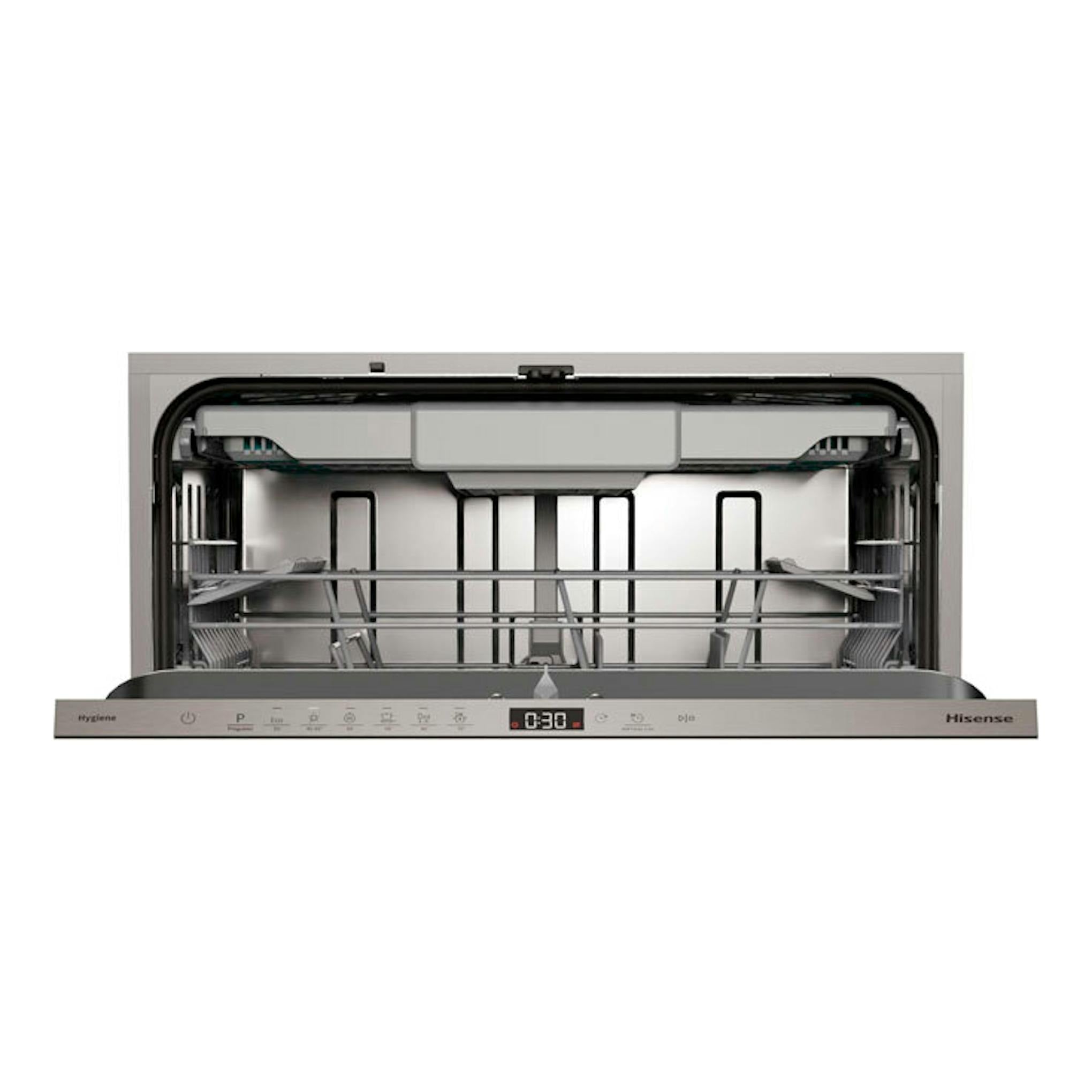 Lavavajillas integrable Hisense HV16D5 de 60 cm, vista frontal, puerta blanca abierta y panel superior gris.