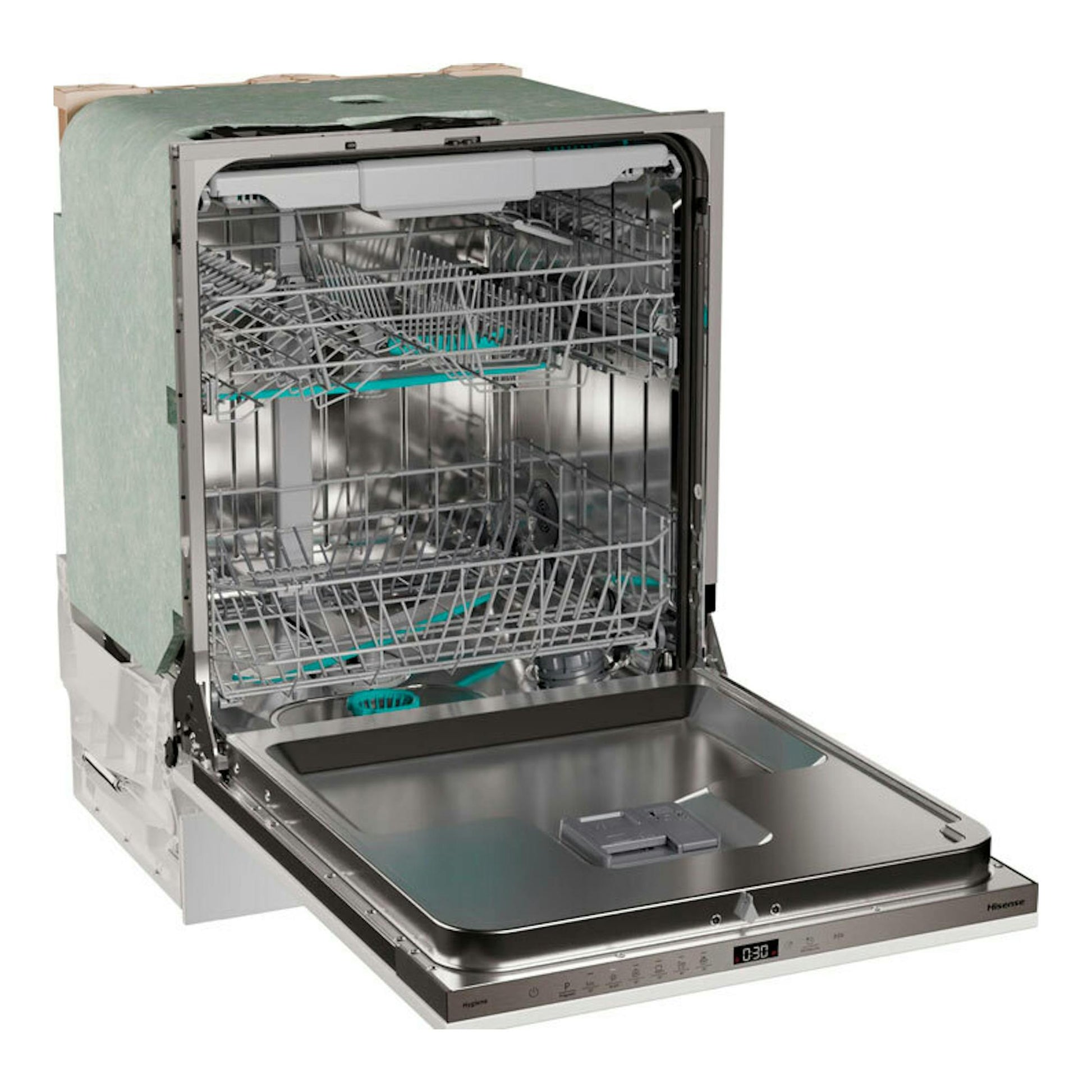 Lavavajillas integrable Hisense HV16D5 de 60 cm, vista frontal, con la puerta abatida e interior metálico visible.
