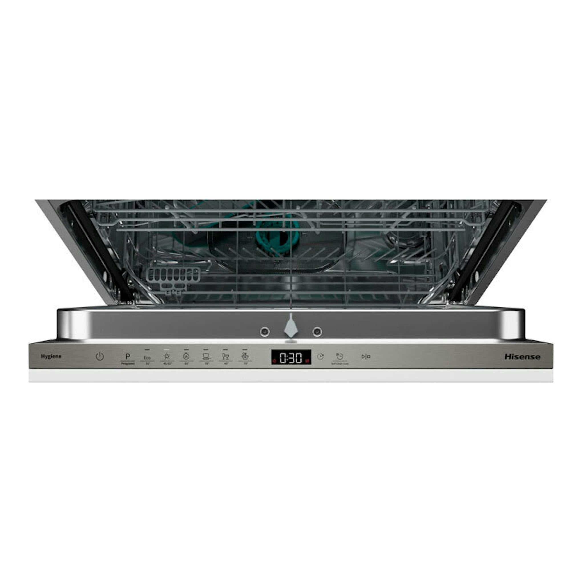 Lavavajillas integrable Hisense HV16D5 de acero inoxidable, vista frontal con la puerta abierta.