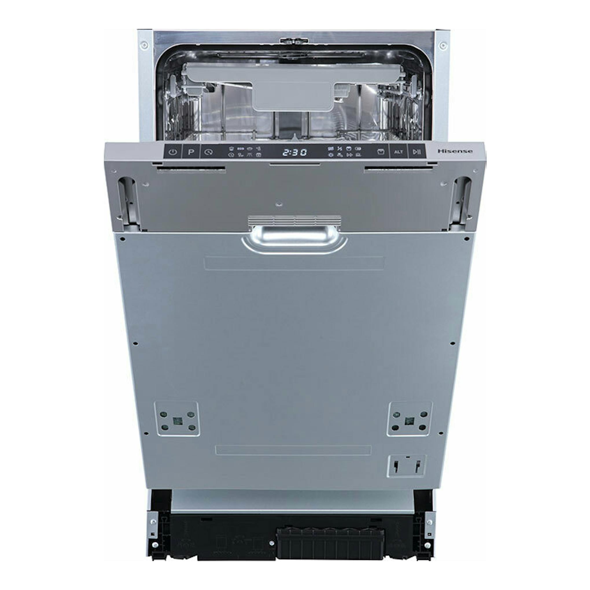 Lavavajillas integrable Hisense HV543D10, vista frontal con puerta abierta, en gris plateado.