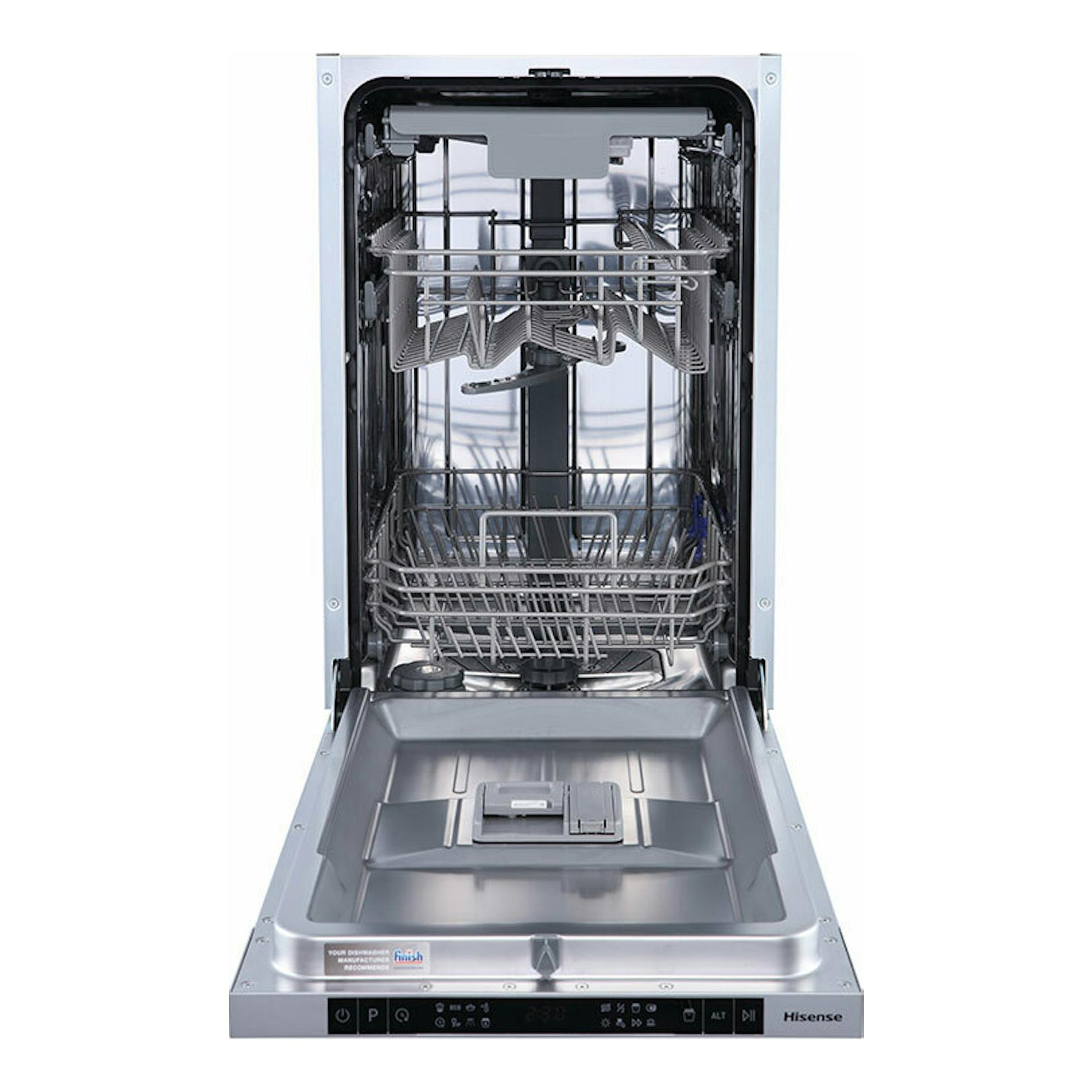 Lavavajillas integrable Hisense HV543D10 de 45 cm, vista frontal abierta, interior gris con cestas metálicas.