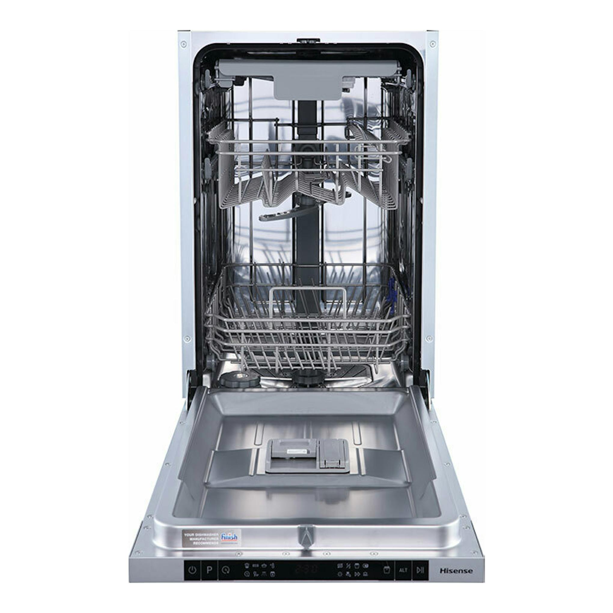 Lavavajillas integrable Hisense HV543D10 de 45 cm, vista frontal abierta, interior gris con cestas metálicas.