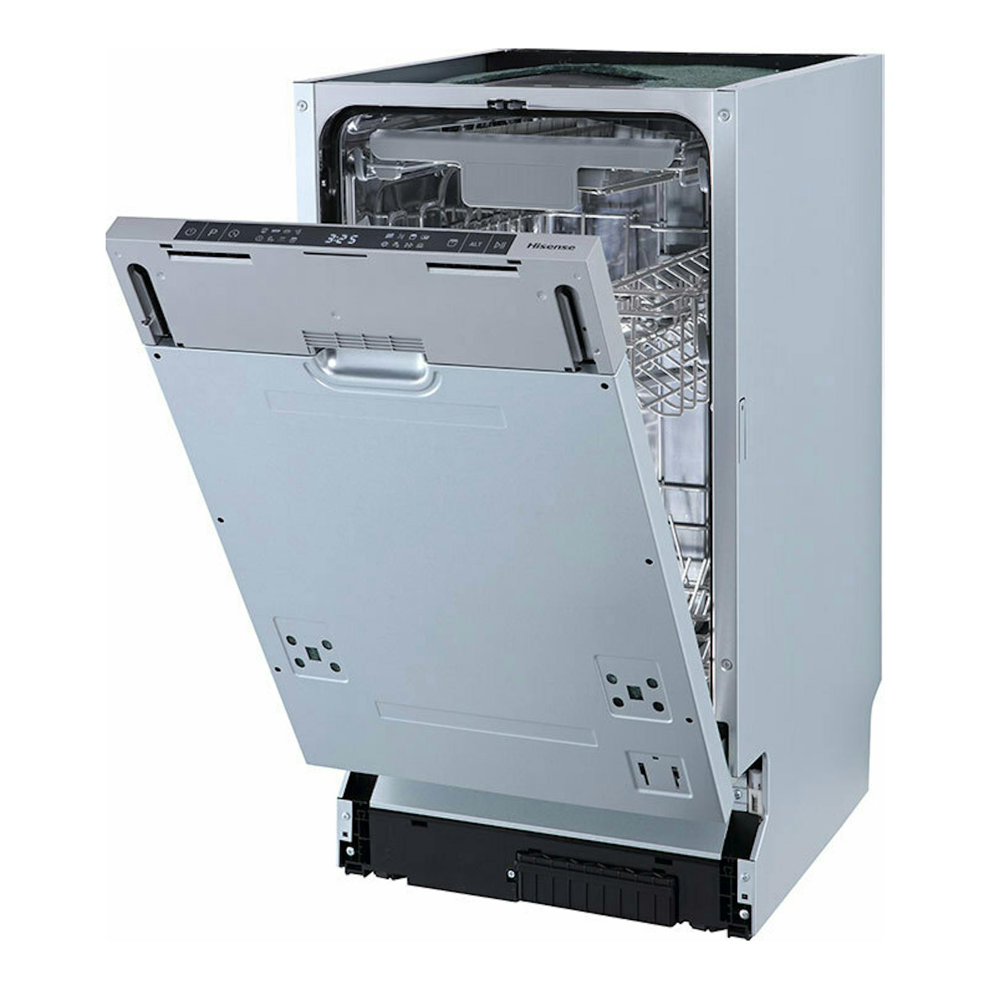 Lavavajillas integrable Hisense HV543D10, puerta abatida, vista frontal en acero inoxidable.