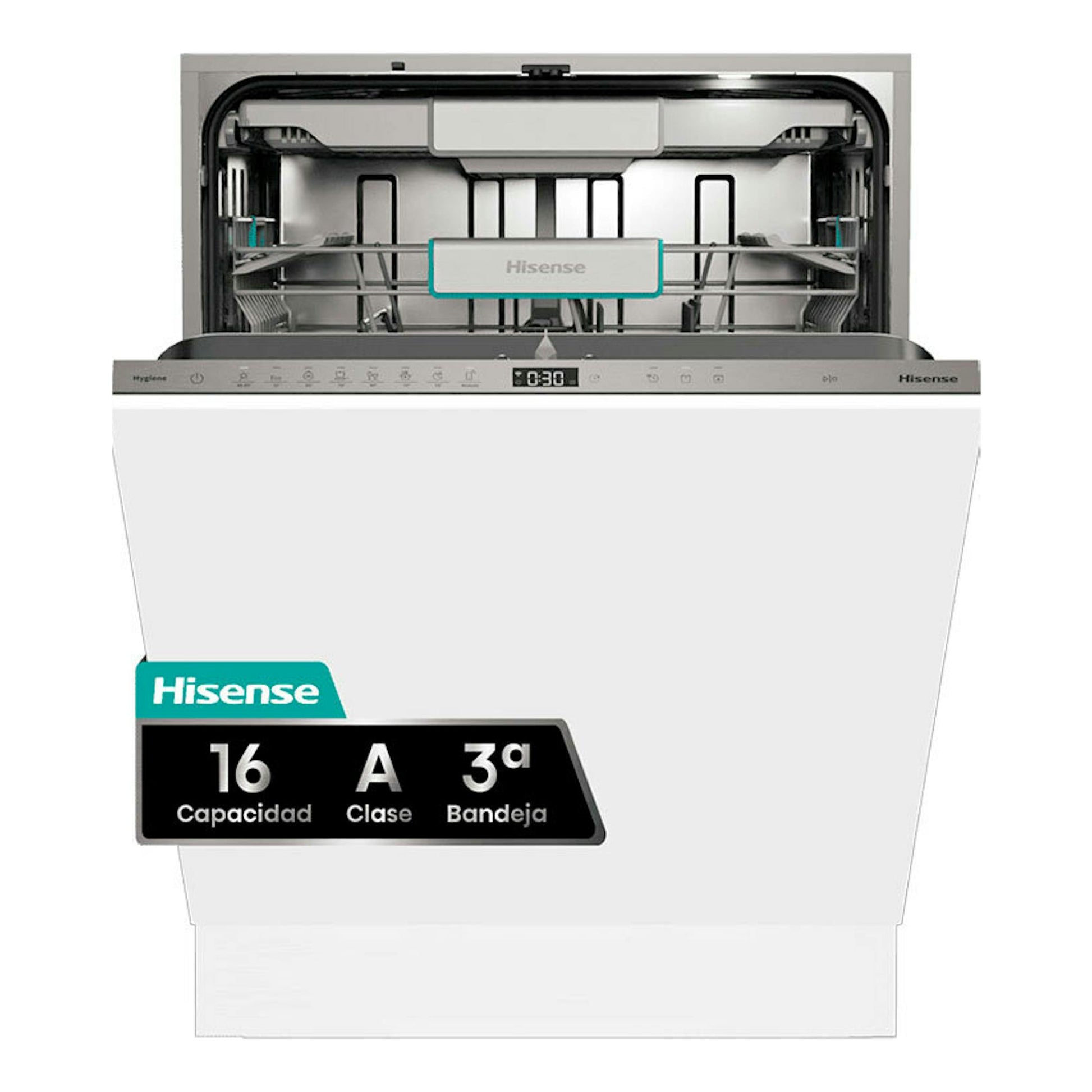 Lavavajillas integrable Hisense HV673A65, vista frontal, puerta blanca abierta e interior metálico visible.