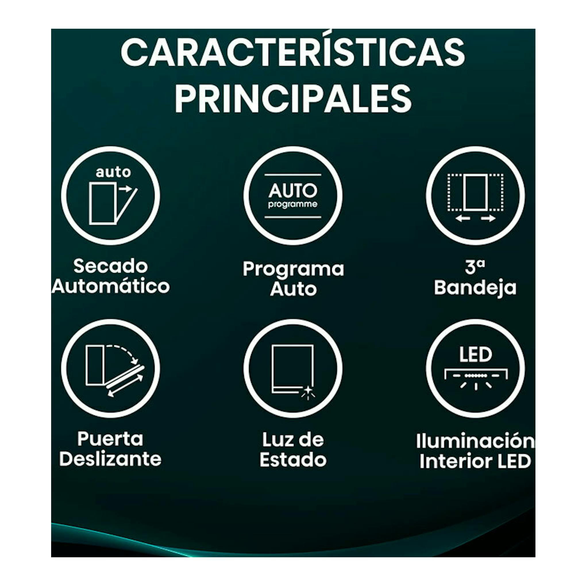 Infografía del lavavajillas integrable Hisense HV673A65 en verde oscuro, con iconos de secado automático y LED.