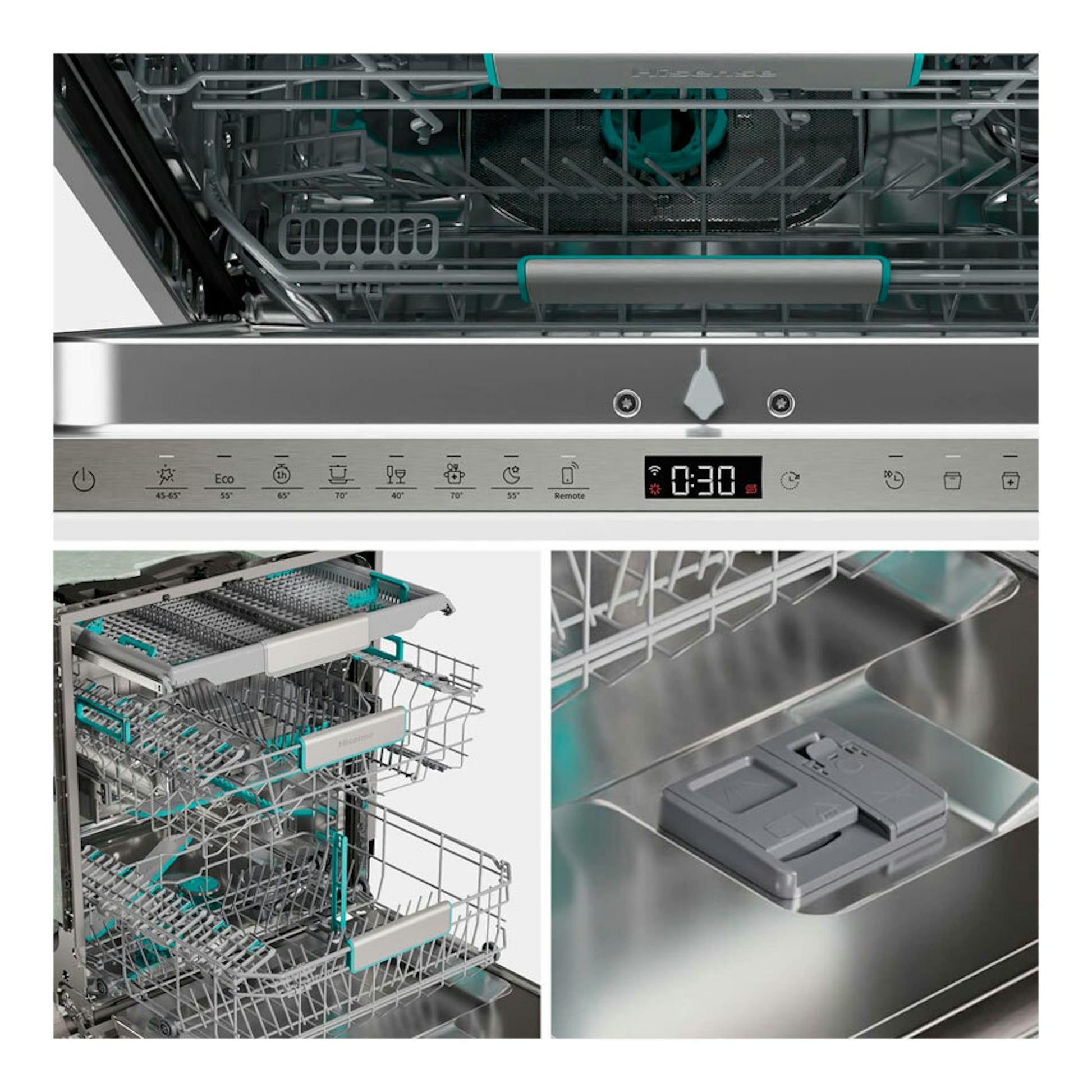 Hisense HV673A65, lavavajillas integrable abierto, interior y panel frontal en acero inoxidable.