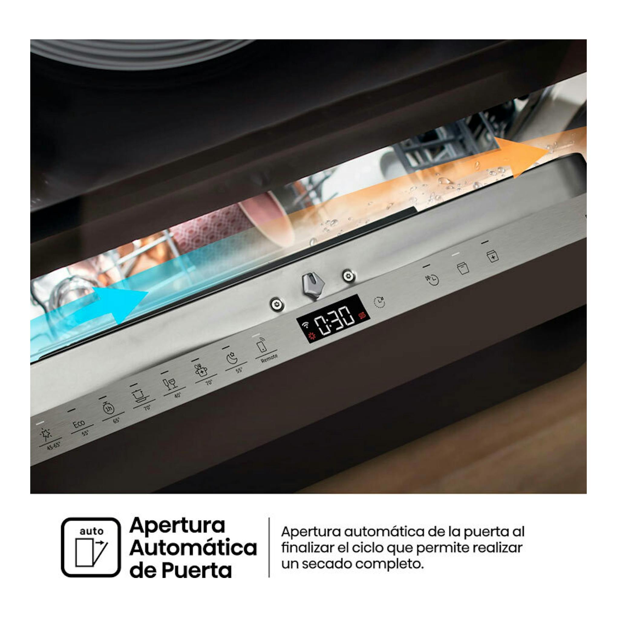 Lavavajillas integrable Hisense HV673A65, panel frontal en acero inoxidable con display digital.
