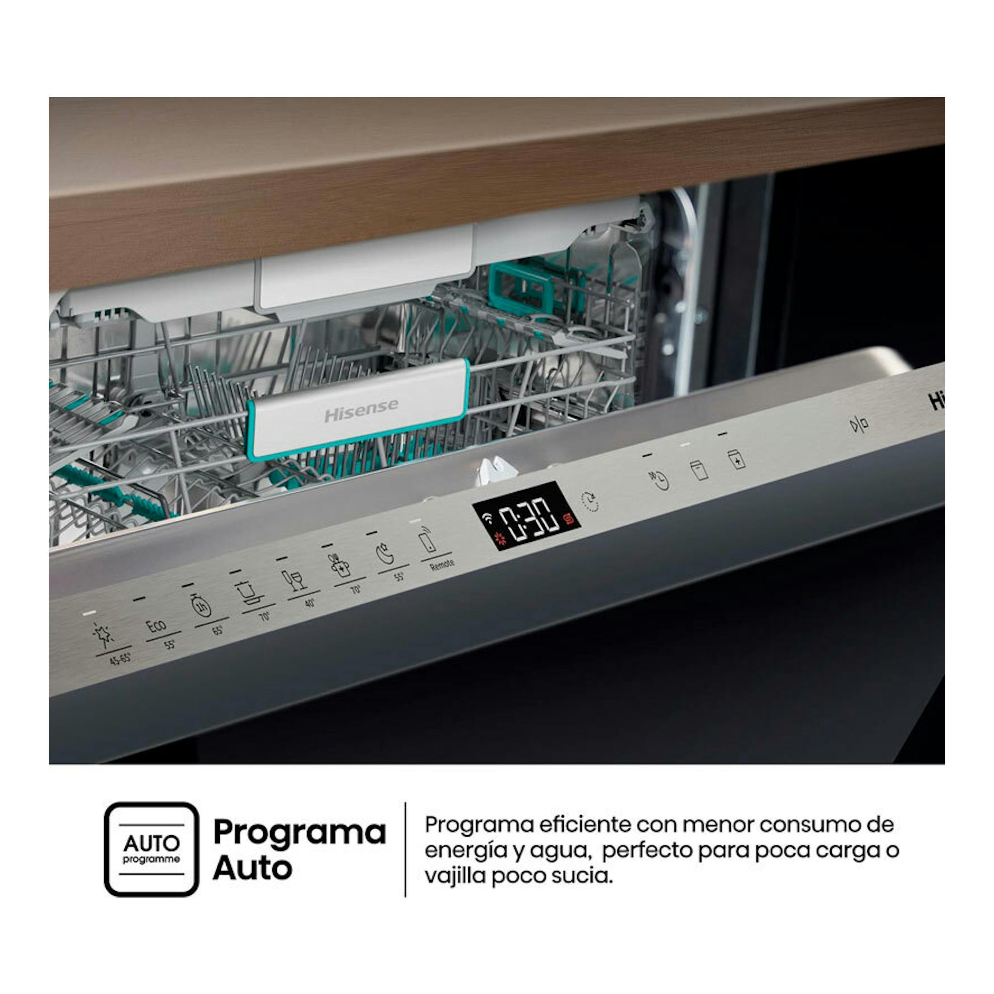 Lavavajillas integrable Hisense HV673A65 de 60 cm, abierto, con cesta interior y panel de control gris.