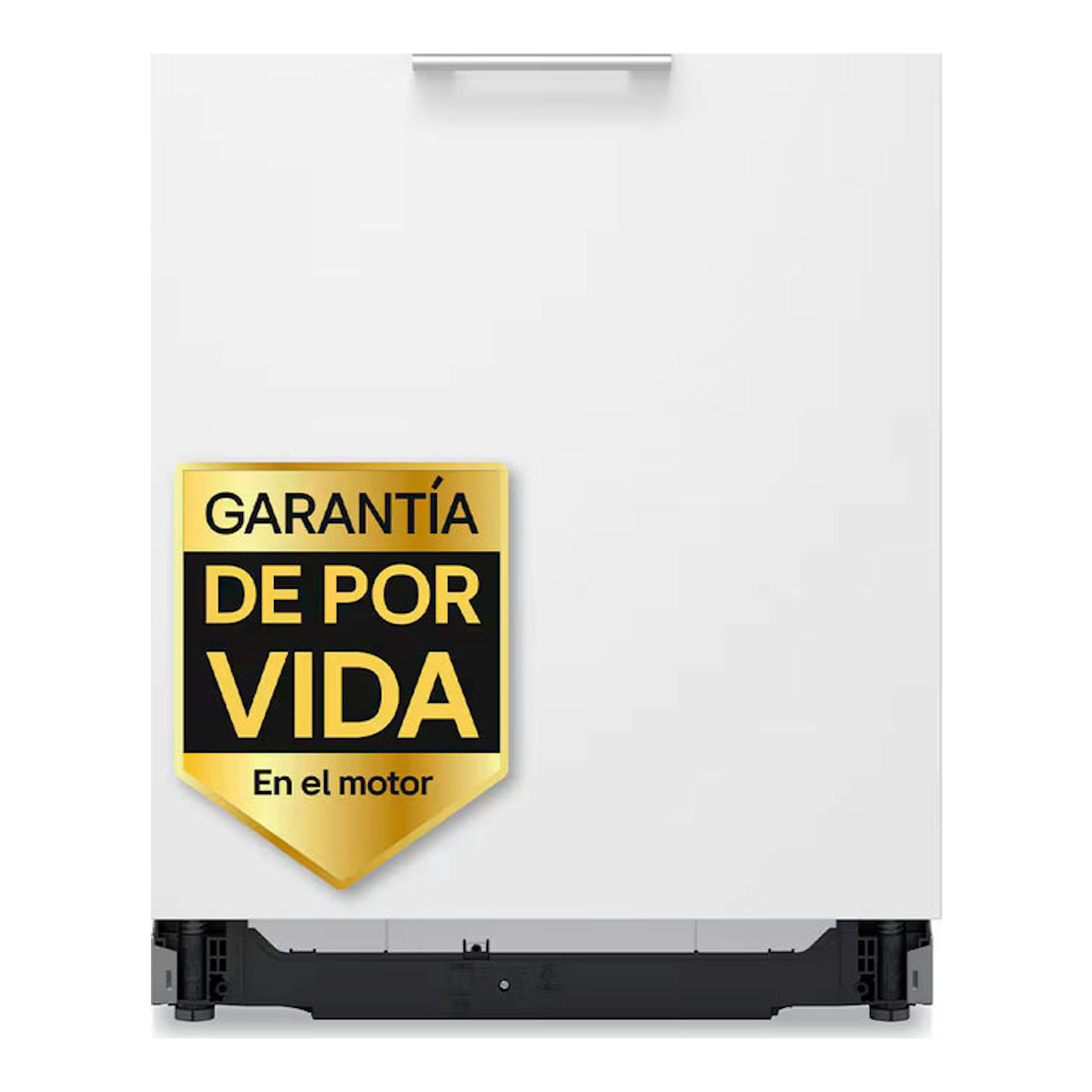 Lavavajillas integrable LG DB273TX blanco, vista frontal, con tirador superior y etiqueta de garantía.